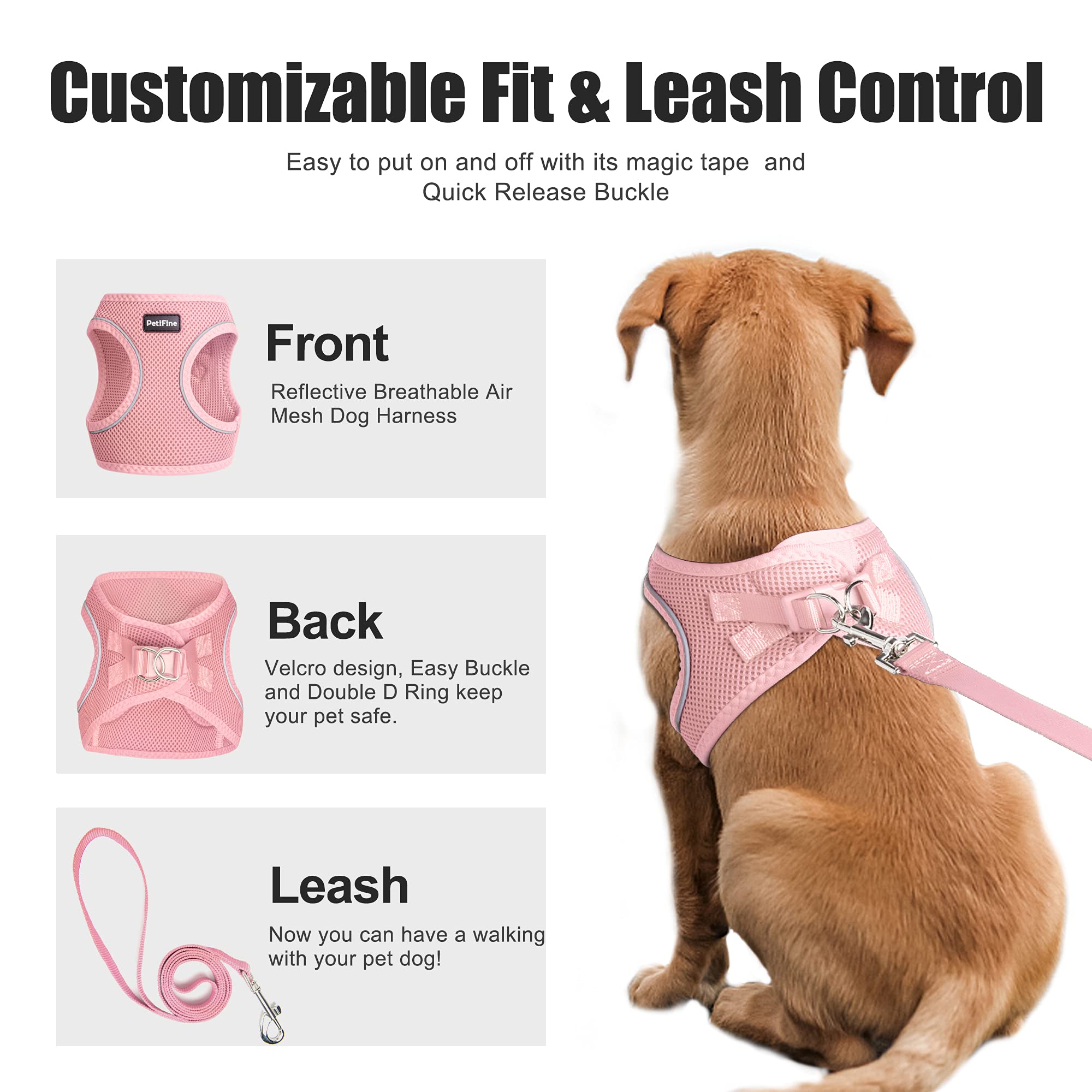 Petifine Step In Small Dog Harness And Leash Set, Breathable All Weather Air Mesh Reflective Escape Proof, Step-In Vest Harnesses For Puppy(Xs, Pink)