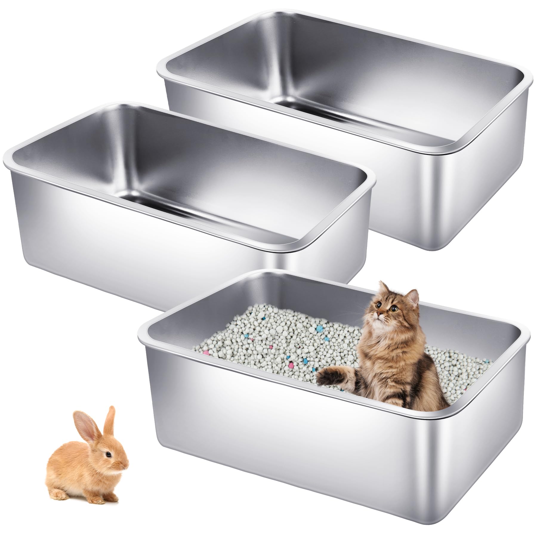 Phepetroll 3 Pack Stainless Steel Cat Litter Boxes 23.6''L X 15.7''W X 7.9''H Extra Large Metal Litter Boxes With High Sides Stu