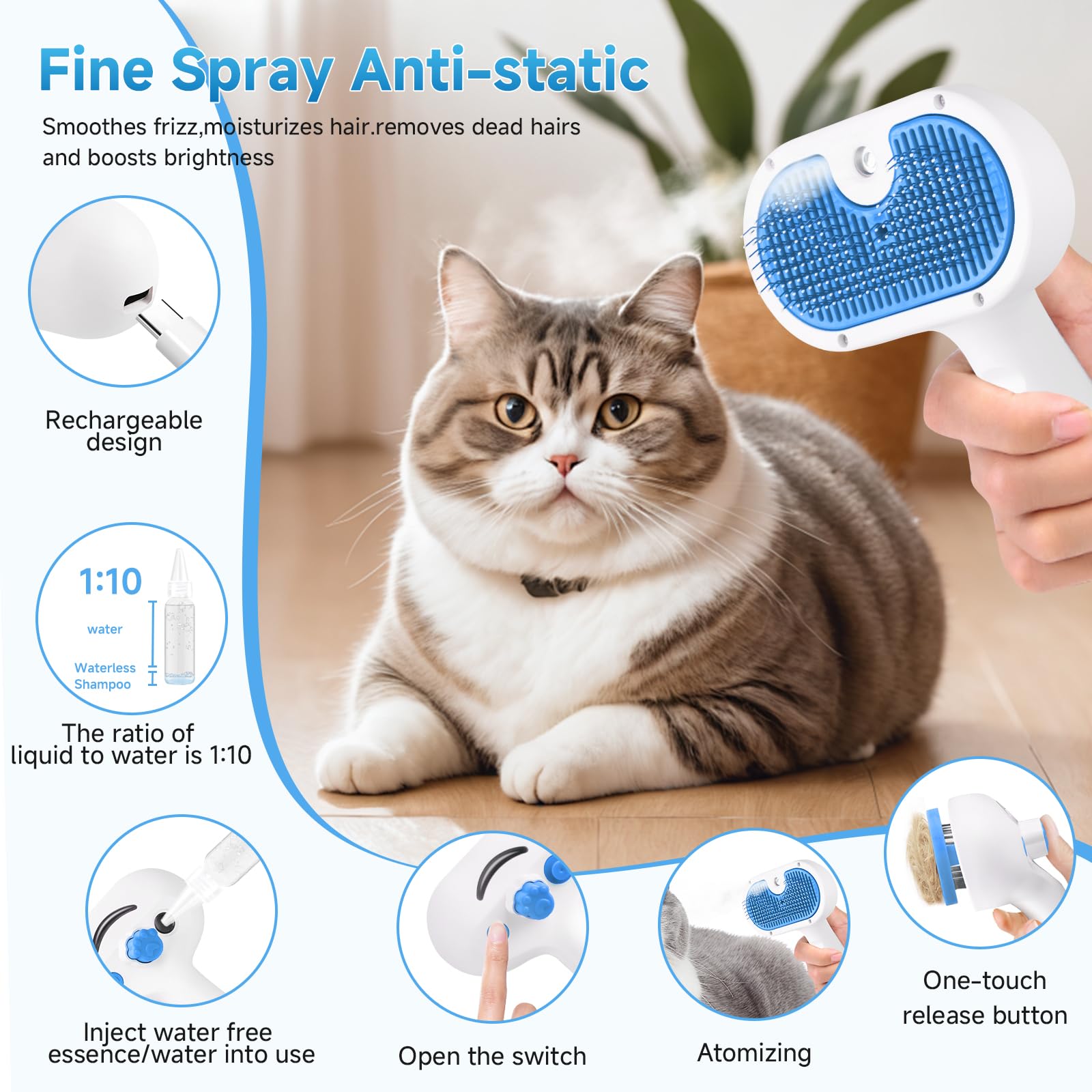 Pet Steam Brush for Dog & Cat - 3-in-1 Steam Grooming Brush for Shedding & Hair Removal - Self Cleaning Spray Comb with Mist for