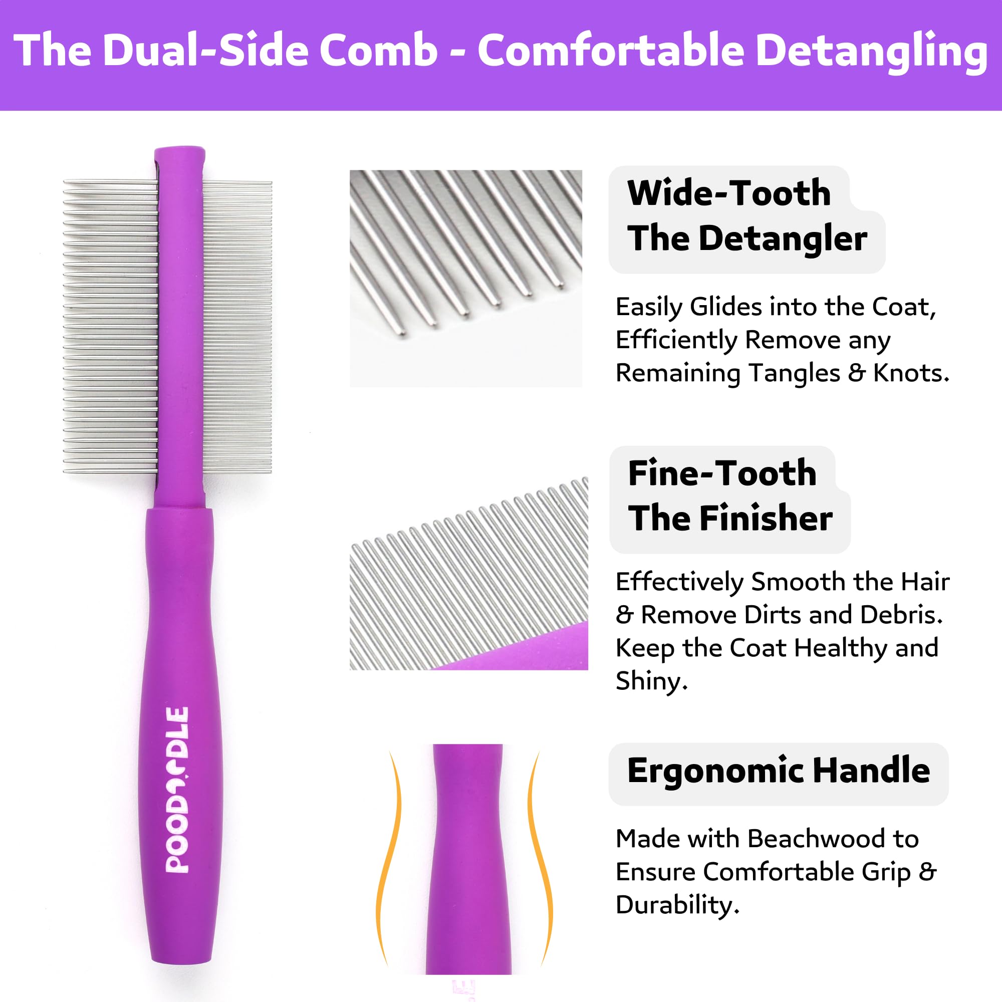 Poodoodle Dematting Comb Kit for Dogs & Cats - Pain-Free Dual-Side Rake & Brush Set, Purple, Ideal for Long Haired Pets