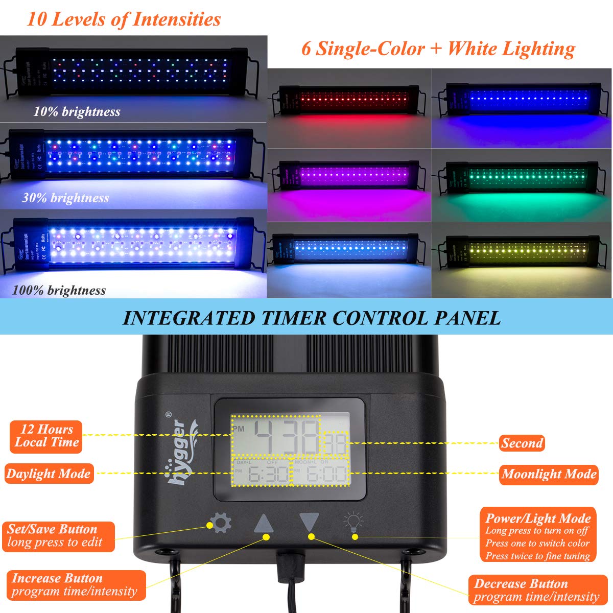 hygger 48-55 Inch LED Aquarium Light, Dimmable Full Spectrum, Auto On/Off, Built-in Timer, Black, for Freshwater Planted Tanks