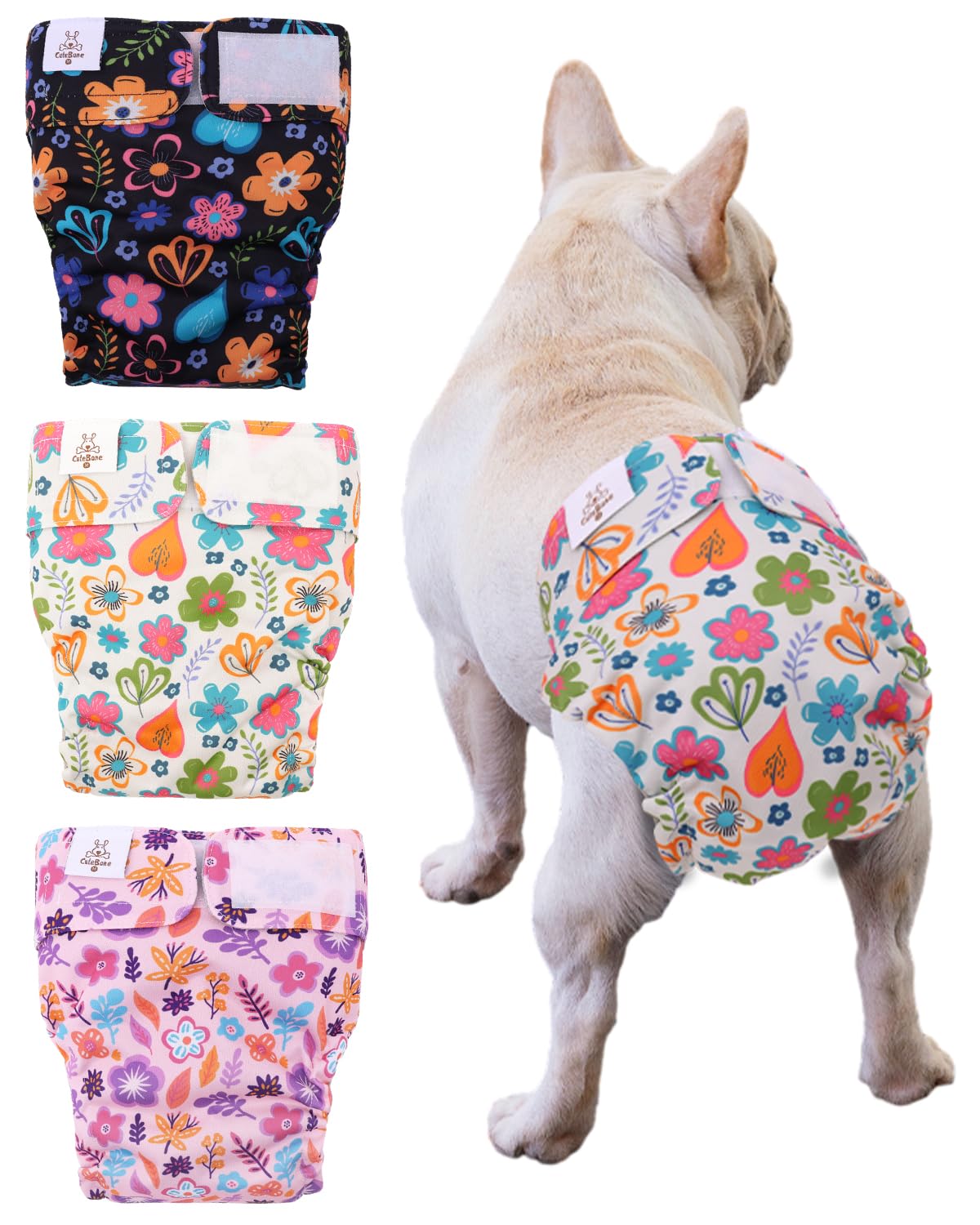 Cutebone Washable Dog Diapers Female No Tail Hole 3 Pack Reusable Doggie Period Training Pants For Docked-Tail Frenchie French Bulldog Boston Terrier Without Tail Wwd19M