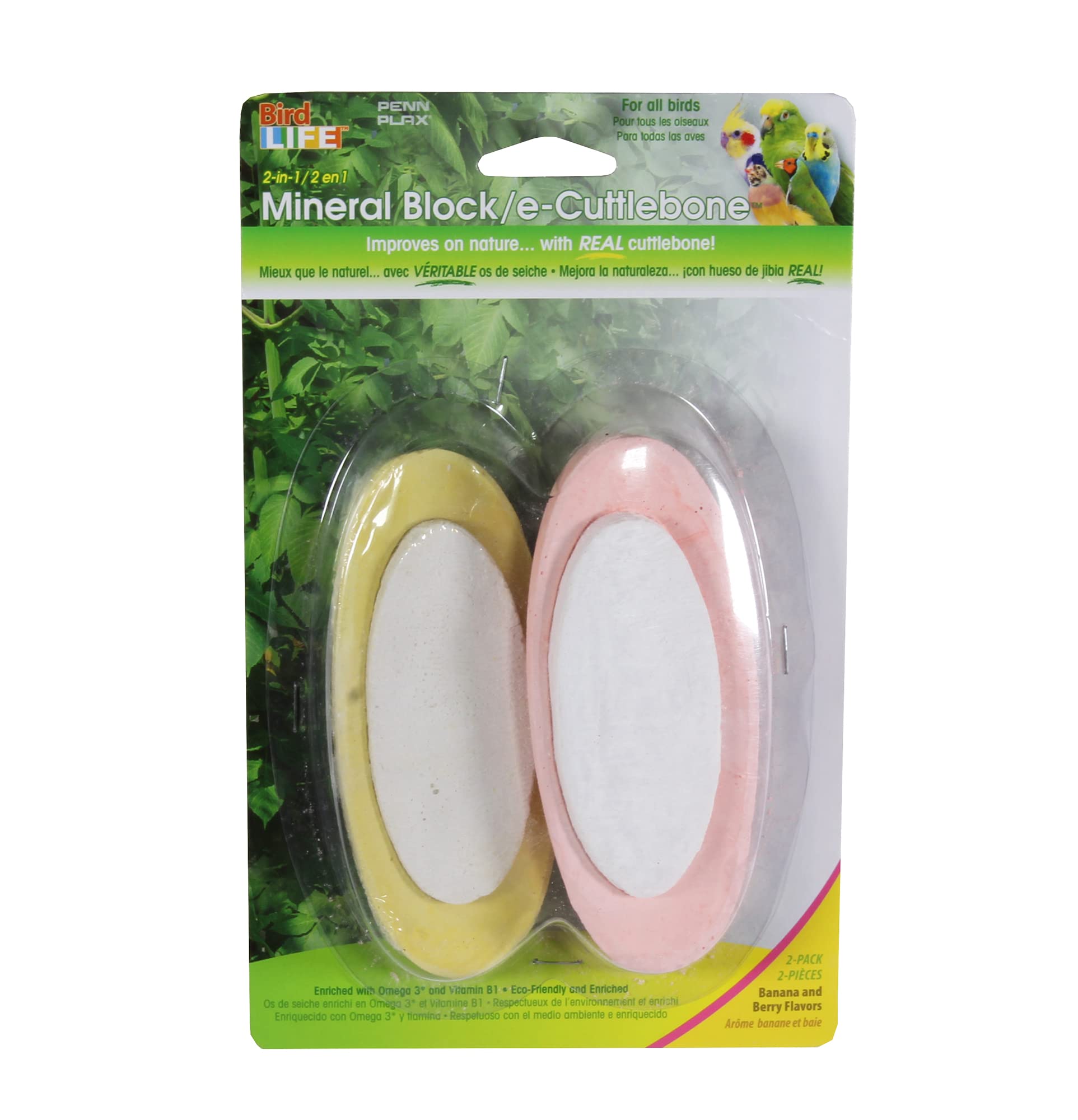 Penn-Plax Bird-Life 2-in-1 E-Cuttlebone & Mineral Blocks - Banana & Berry Flavors Birds - 2 Pack