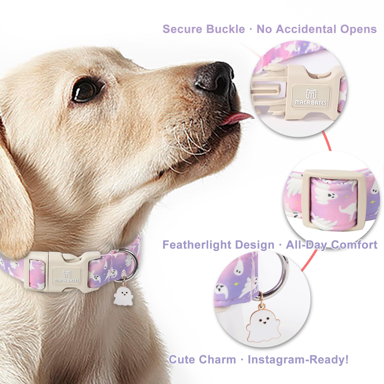 Maca Bates Halloween Dog Collar Spooky Ghost Dogs Collars Purple Pink Puppy Colar Durable Soft Adjustable Birthday Gift For Xs S