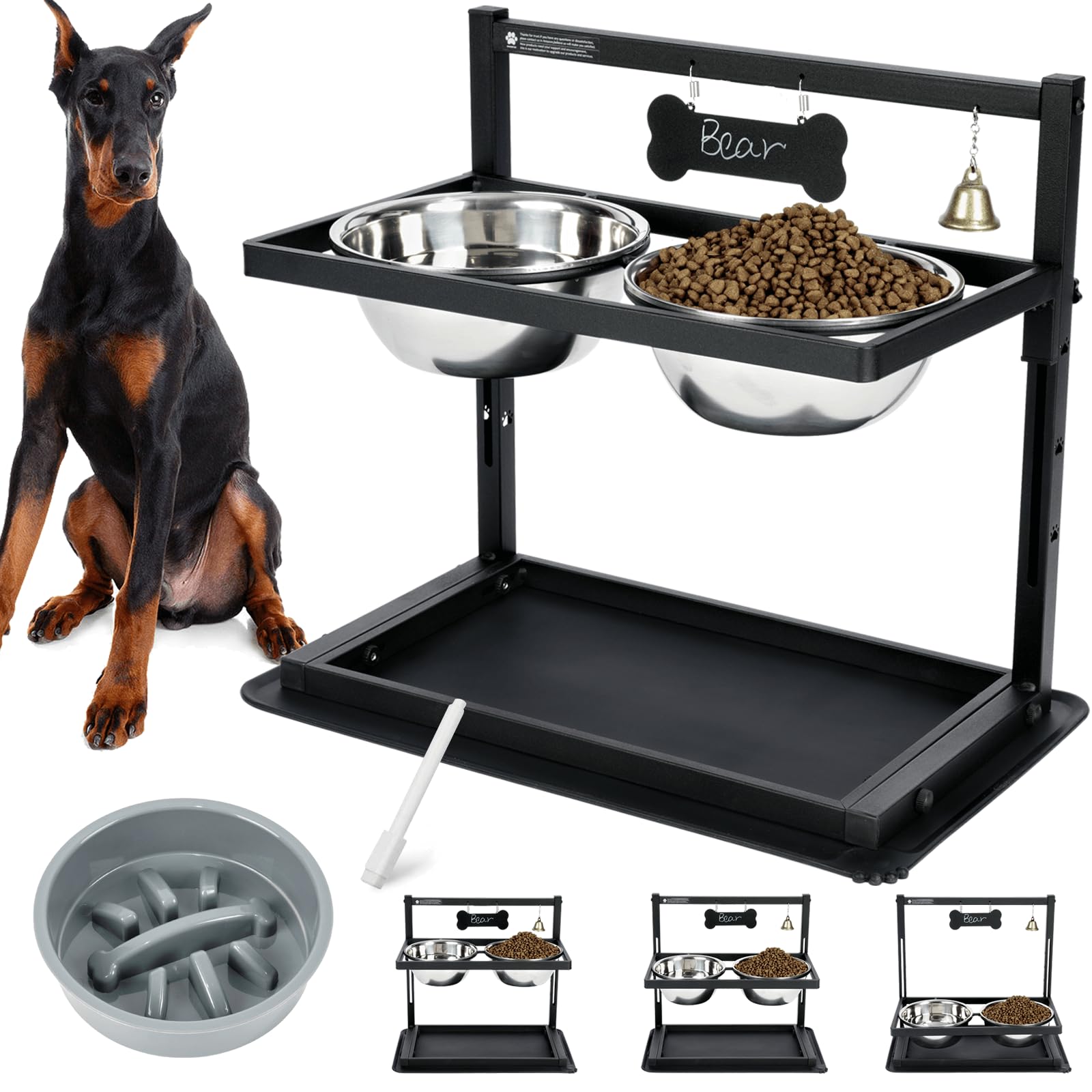 Elevated Slow Feeder Dog Bowls - Raised For Large Dogs, Adjustable Height, 2 Stainless Steel Bowls, Spill Proof Mat, Grey