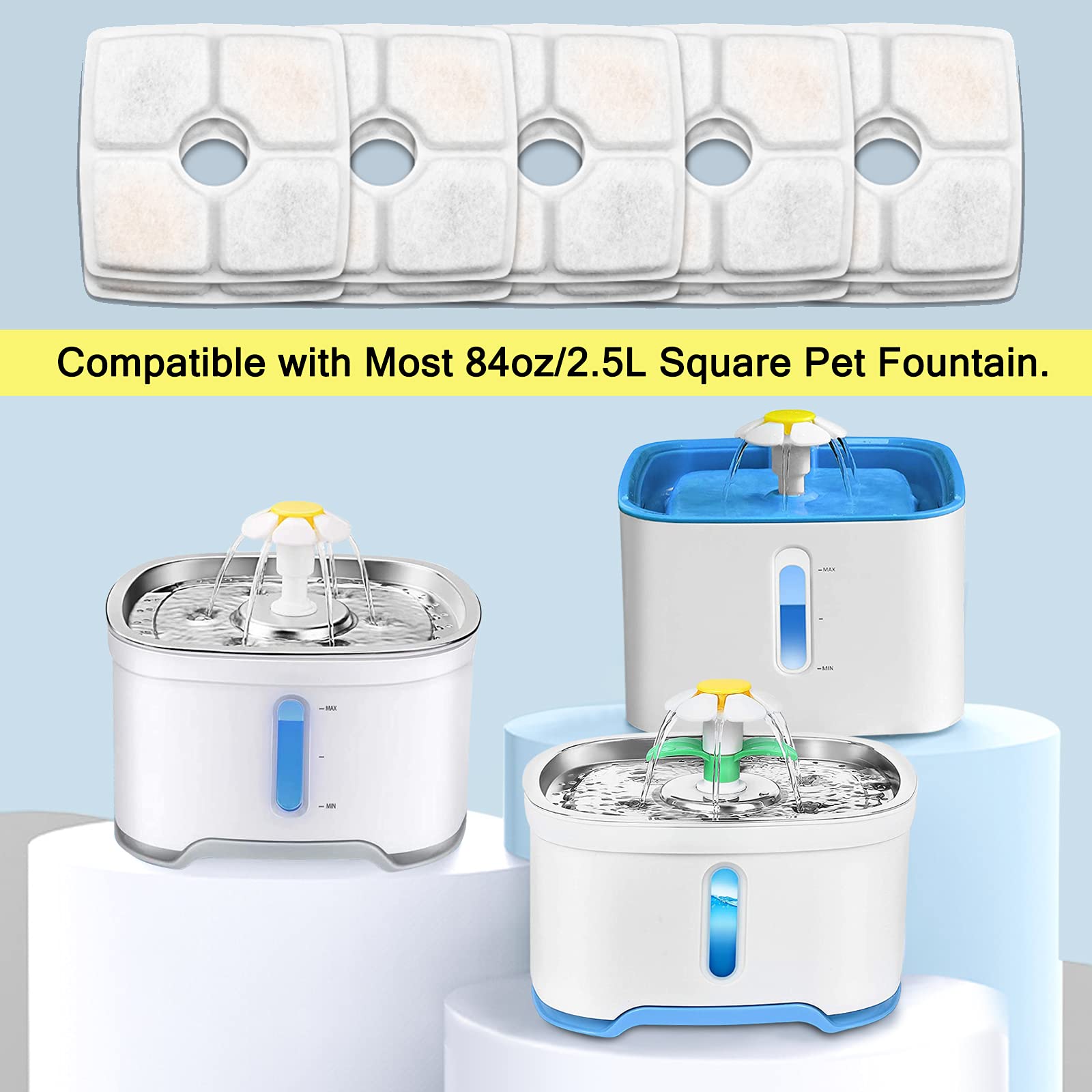 Cat Water Fountain Filters, 16 Pack Replacement Filter Fit For Top Square 84Oz/2.5L Cat Pet Fountain, 3 Filtration System