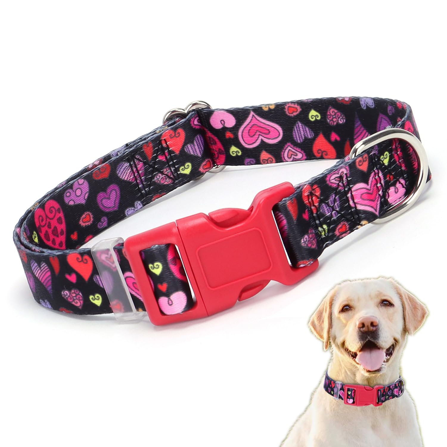 Girl Dog Collar, Cute Love Heart Pattern Design Quick Release Buckle Soft Nylon Female Dog Collars Valentine's Day Gift for Smal