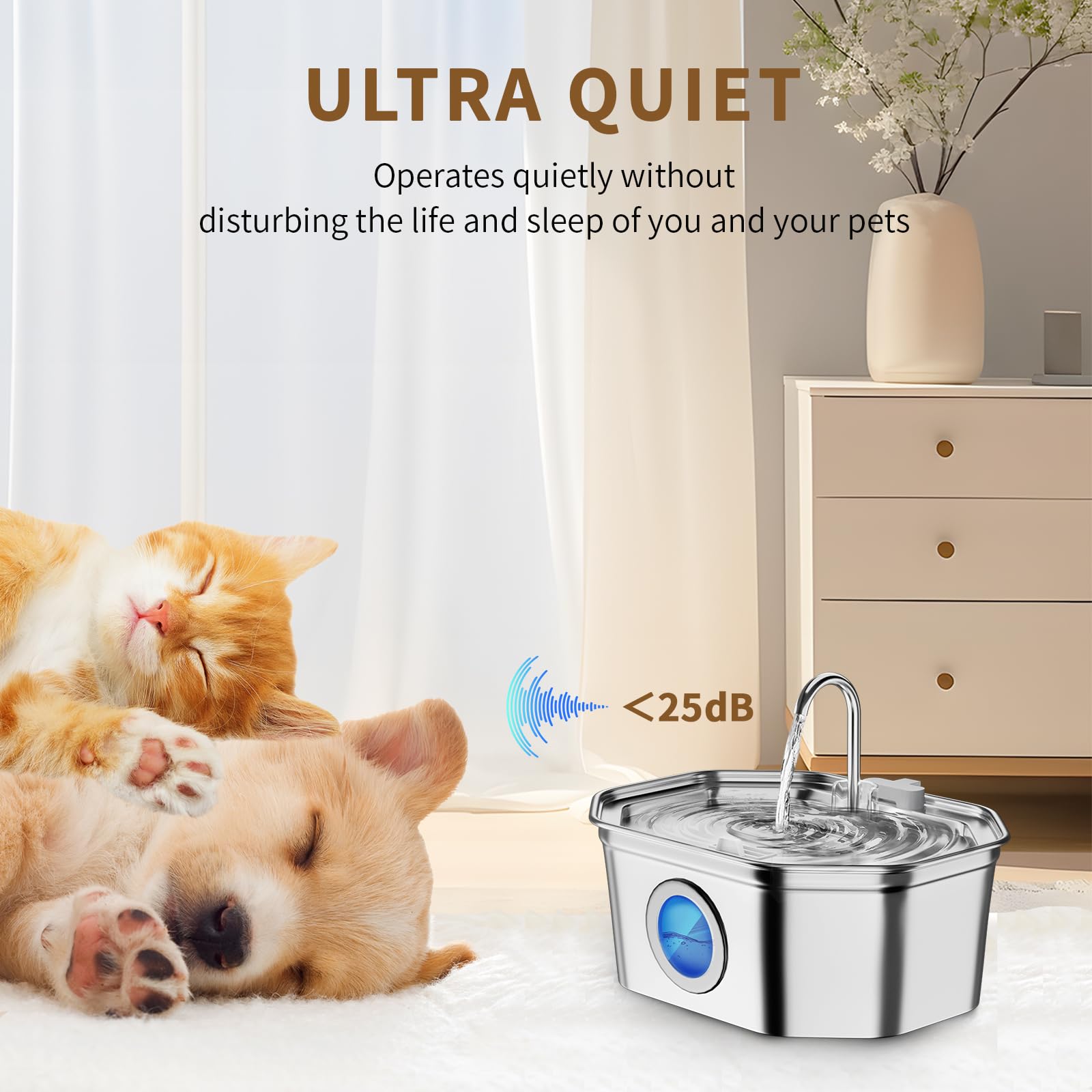 Cat Water Fountain Stainless Steel 108Oz/3.2L, Apauk Automatic Pet Fountain Dog Water Dispenser With Water Level Window, Quiet C
