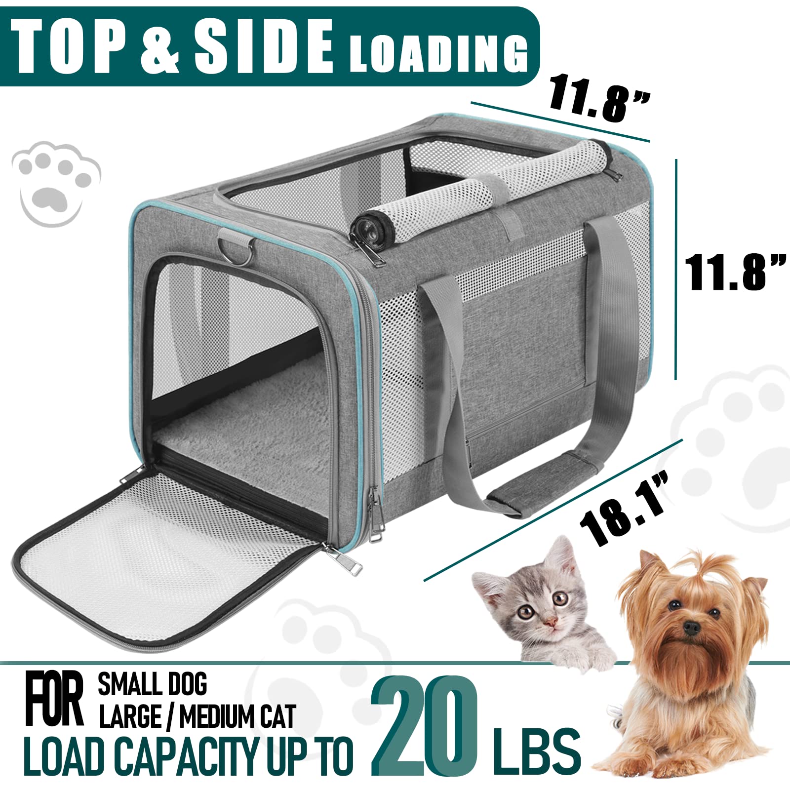 GAPZER Soft Sided Pet Carrier for Large Cats & Small Dogs, 18.1"x11.8"x11.8", Grey, Collapsible Travel Bag for Long Trips