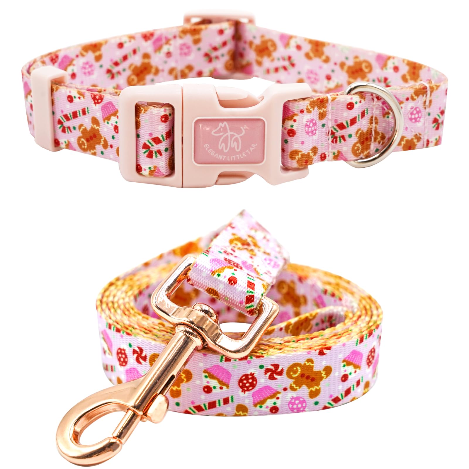 Elegant Little Tail Dog Collar With Leash, Pink Gingerbread Man Pet Collar Leash Adjustable Collar For Small Medium Large Dogs S