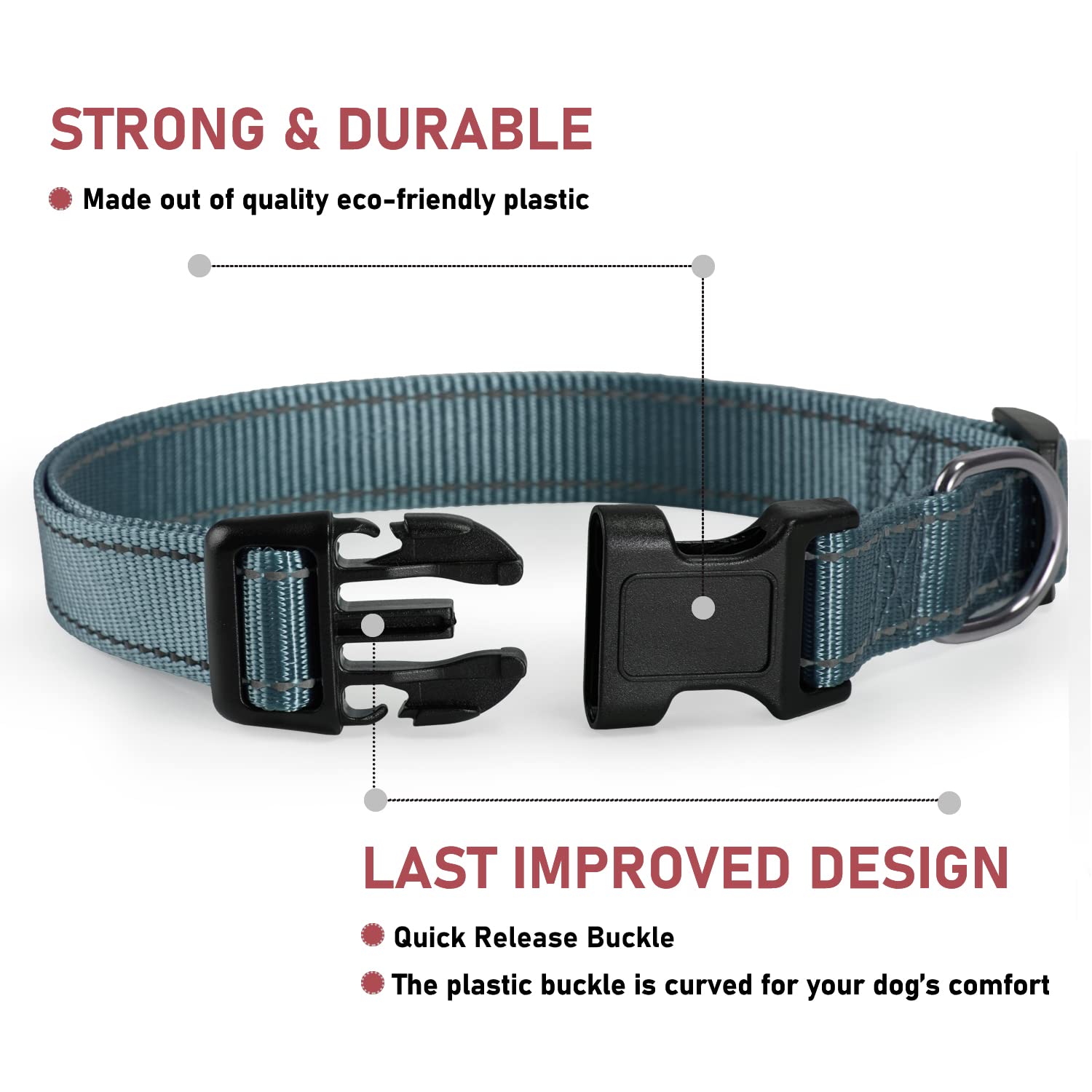 Reflective Dog Collar With Buckle Adjustable Safety Nylon Collars For Small Medium Large Dogs, Grey M