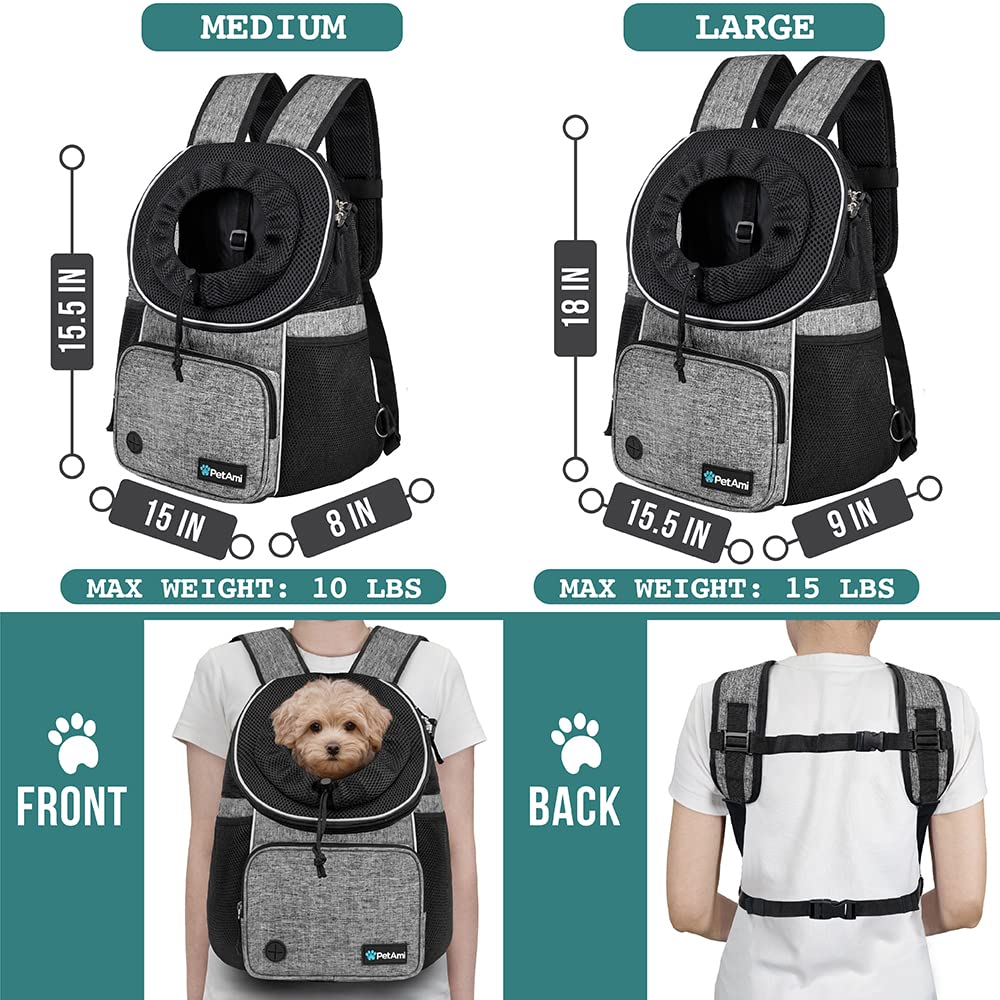 Petami Dog Front Carrier Backpack, Adjustable Pet Cat Chest Ventilated Dog Carrier For Hiking Camping Travel, Small Medium Puppy