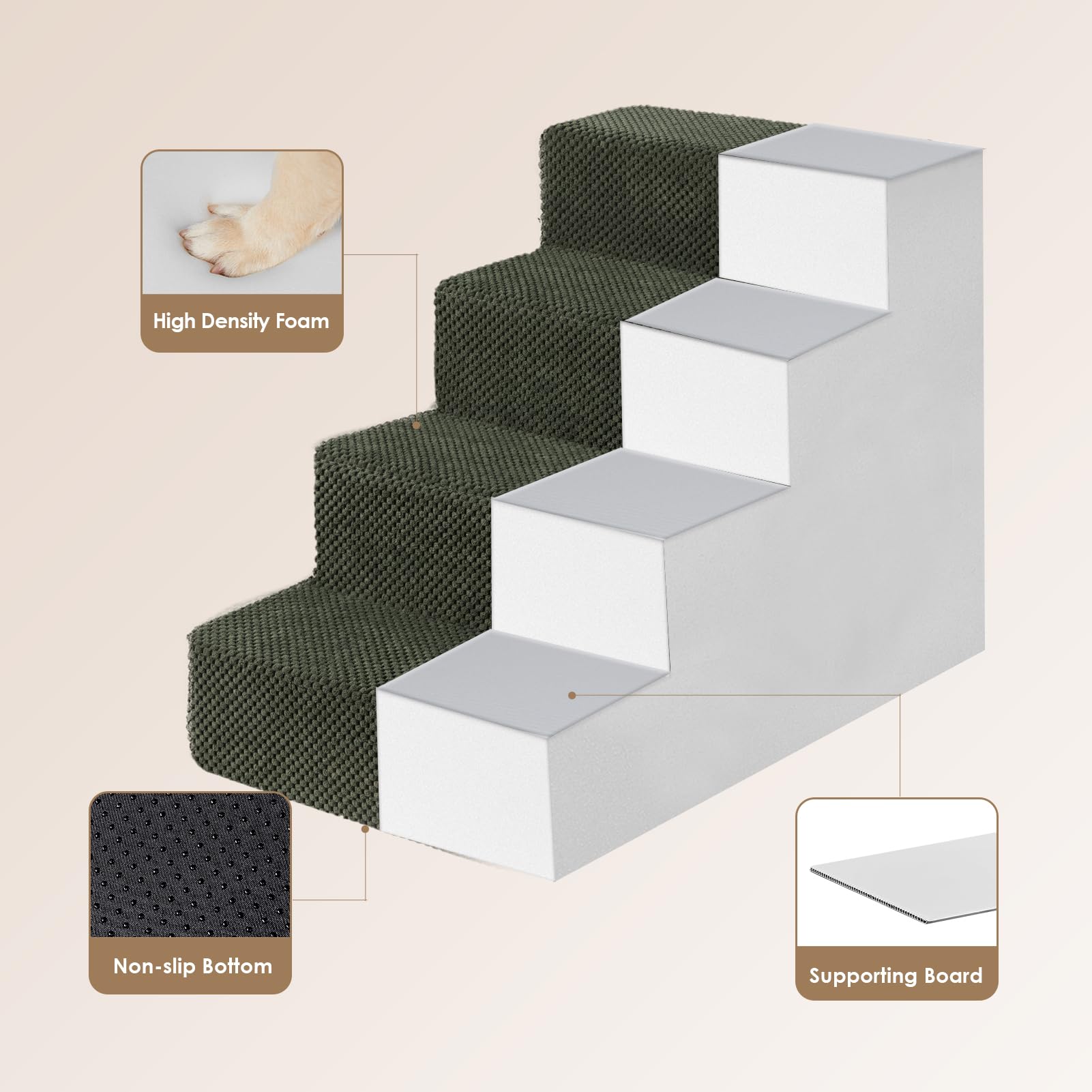 Eheyciga Dog Stairs For Bed 18”H, 4-Step Dog Steps For High Bed, Pet Steps For Small Dogs And Cats, Non-Slip Balanced Dog Indoor Ramp, Olive Green