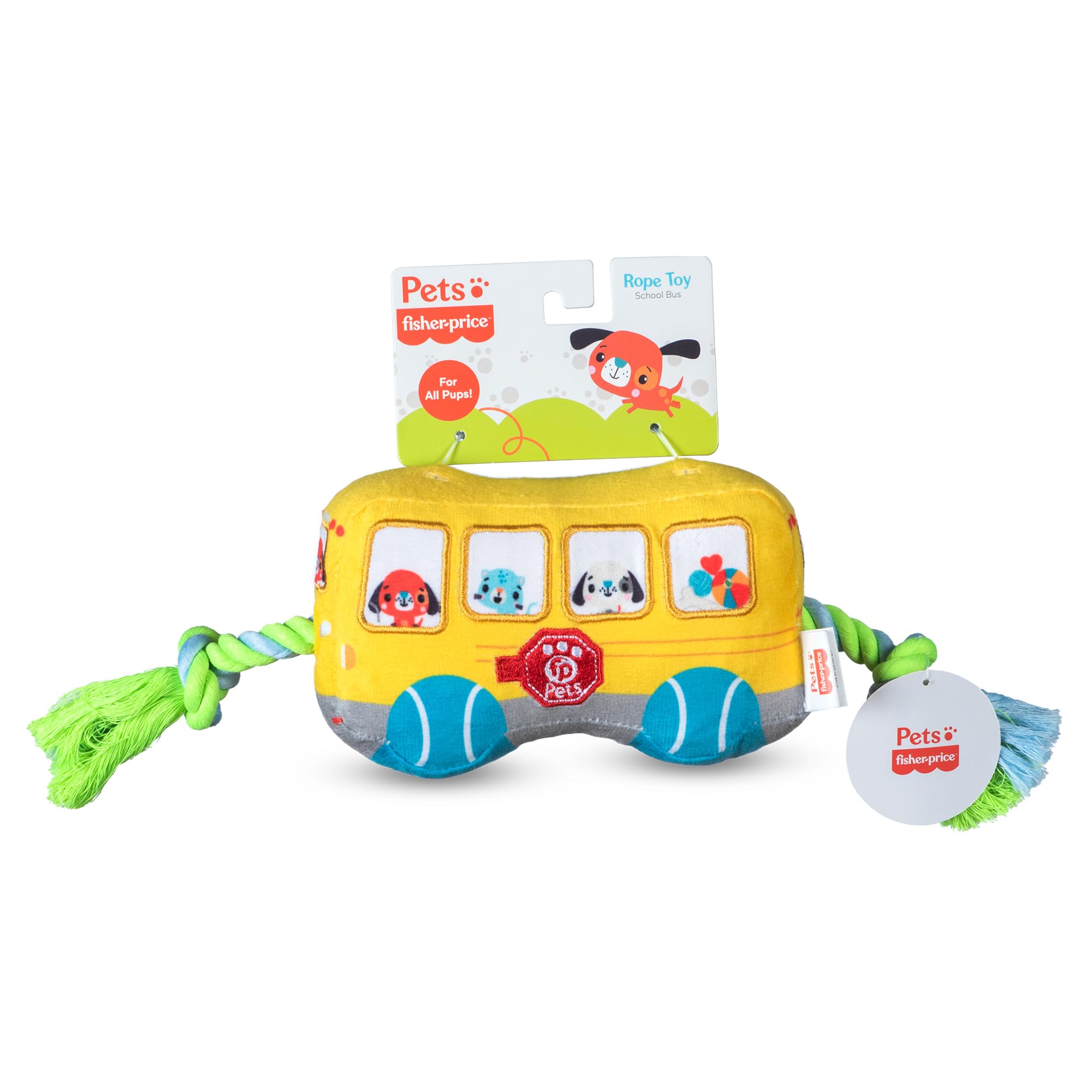 Fisher-Price for Pets School Bus Rope Toy for Dogs, Dog Tug Toy with Rope, Plush Dog Toy with Squeaker Inside, Developmental Dog