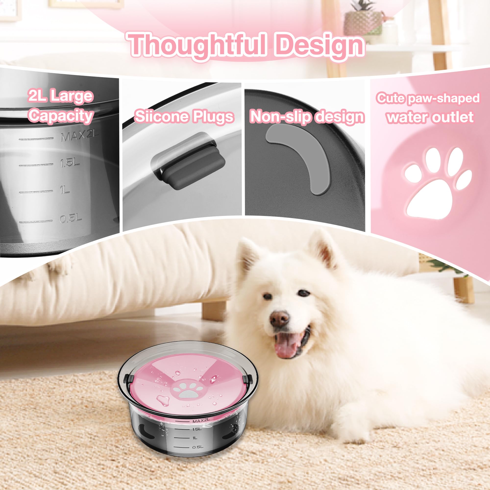 2L/70Oz Dog Water Bowl No Spill Slow Water Feeder,Large Capacity Pet Water Dispenser,Pet Water Bowl For Vehicle/Outdoor/Indoor(P