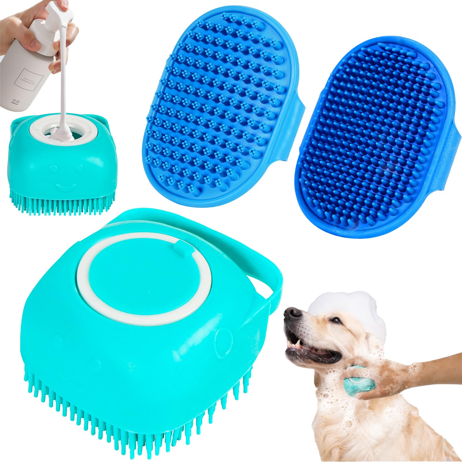 3Pcs Dog Bath Set - Shampoo Brush, Scrubber, And Shower Brush With Adjustable Handle For Short & Long Hair