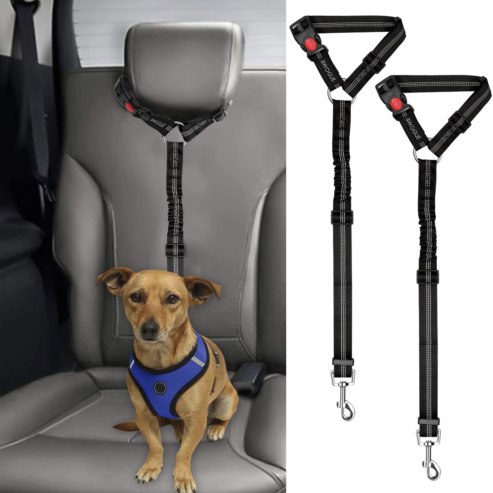 Bwogue 2 Packs Dog Cat Safety Seat Belt Strap Car Headrest Restraint Adjustable Nylon Fabric Dog Restraints Vehicle Seatbelts Ha