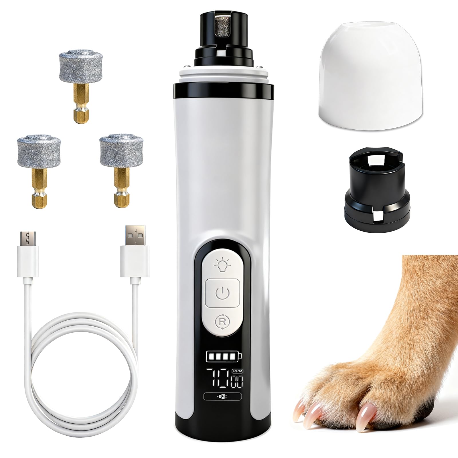 QVJFZUD Silent Groom Pro, Dog Nail Grinder with LED Light, 3-Speed 7000-9000 RPM, 4 Diamond Bits & Adjustable Guard, Quick Blood