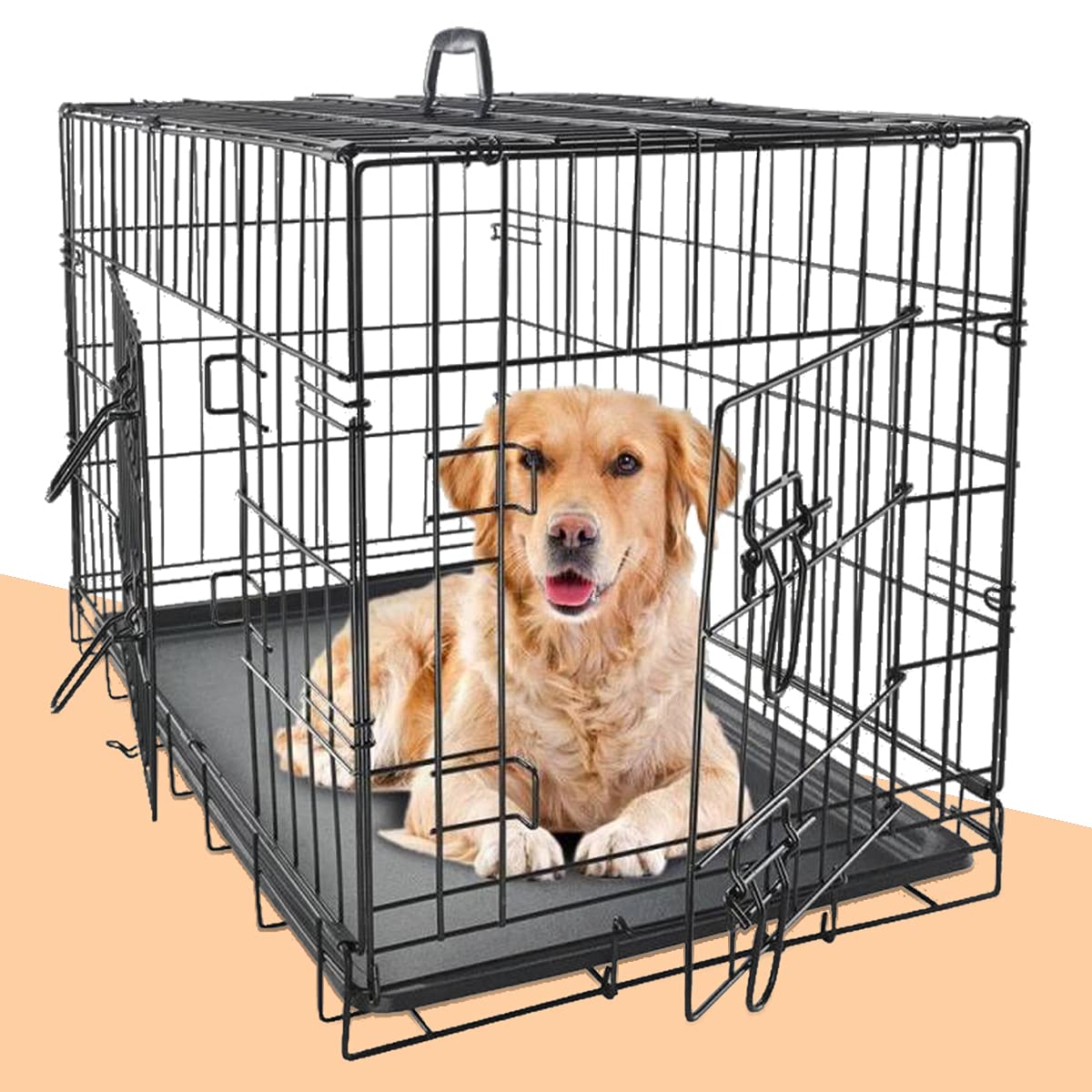 Hhs Large Dog Crate Folding Dog Cage Kennel 48 Inch Metal Wire Double-Door Pet Cage For Dogs Heavy Duty Pet Animal Crates With P