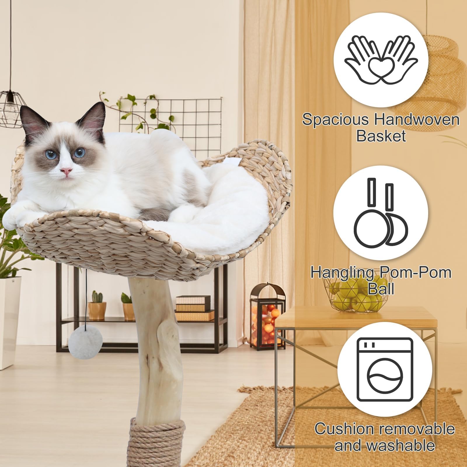 Kulamoon Modern Cat Tree Tower For Indoor Cats, Real Branch Luxury Cat Condo With Scratching Post, Jumping Platforms, Hanging To