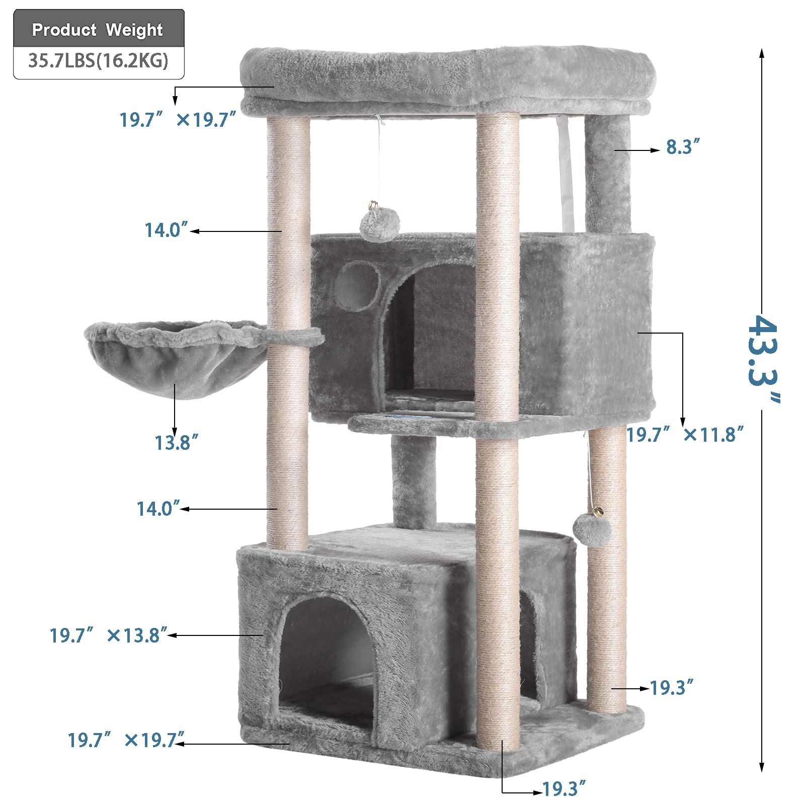 Hey-Brother Cat Tree,Multi-Level Cat Condo For Large Cat Tower Furniture With Sisal-Covered Scratching Posts, 2 Plush Condos, Big Plush Perches Mpj011W