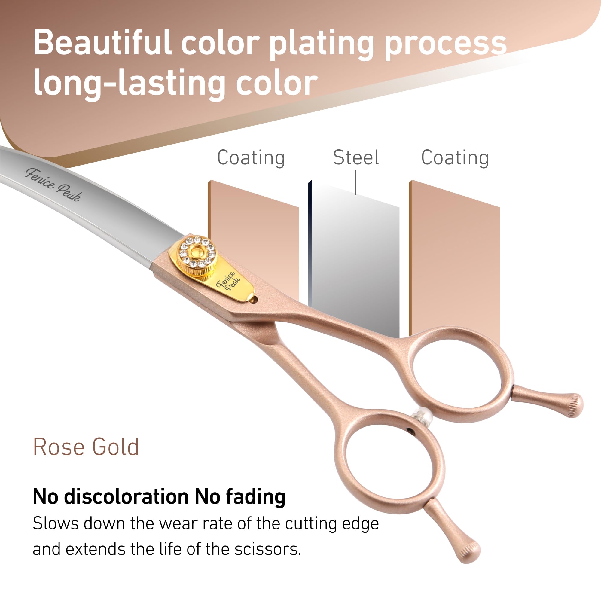 Fenice Peak 45 Extra Curved Dog Grooming Scissors 440C Stainless Steel 7.5 Big Arc Curved Shears Rose Gold Sharp and Durable T