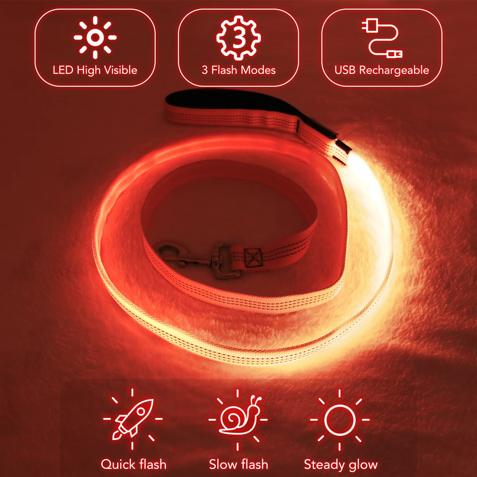 Colaseeme Led Dog Leash Light Up Dog Leash 4 Feet Micro Usb Rechargeable Nylon Webbing Glow Safety Standard Dog Leashes For Dogs (Orange With 3 Reflective Wires)