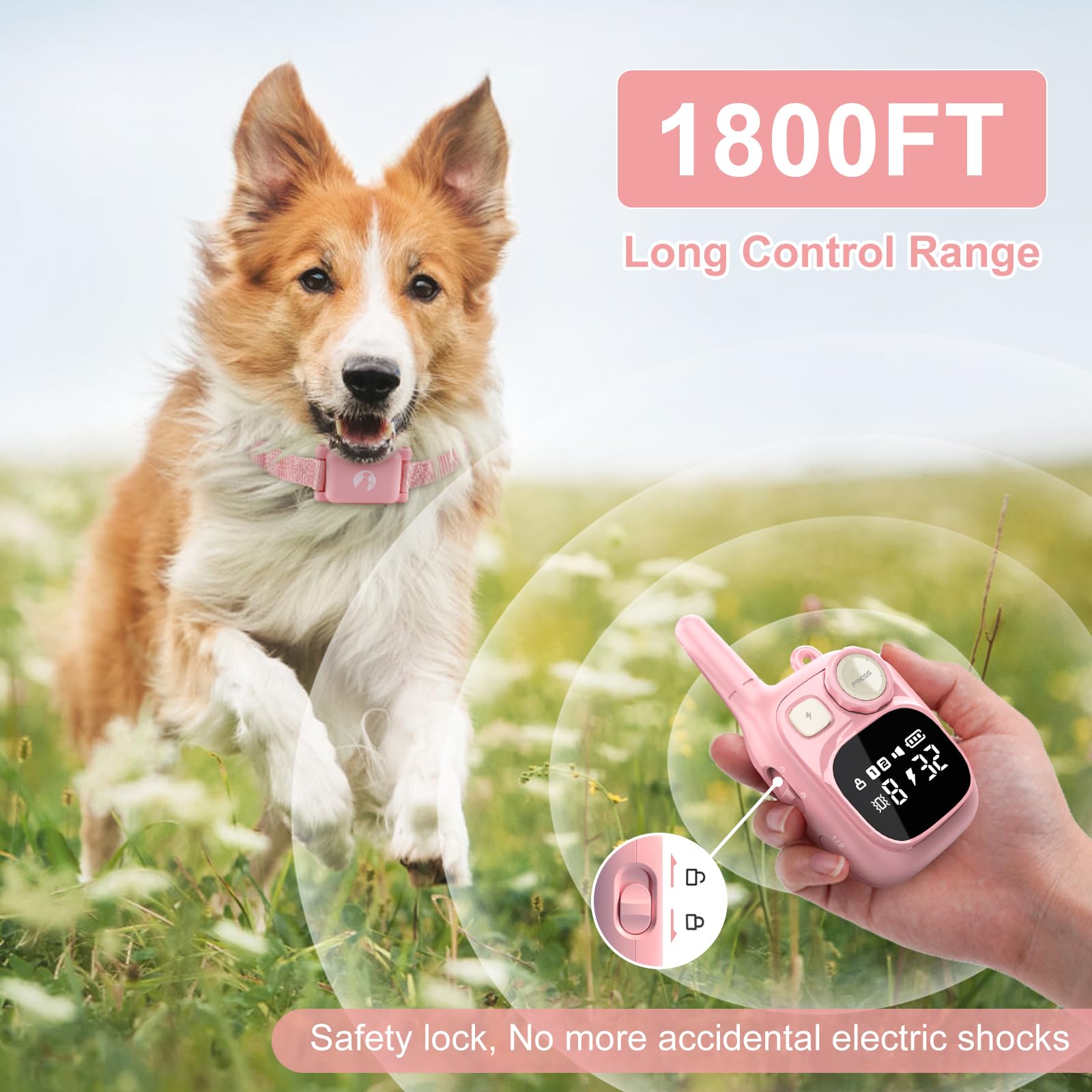 Pikabiu Dog Shock Collar Rechargeable Training Collar With Remote 1800Ft Control, Pink Adjustable Waterproof Electric Collar For