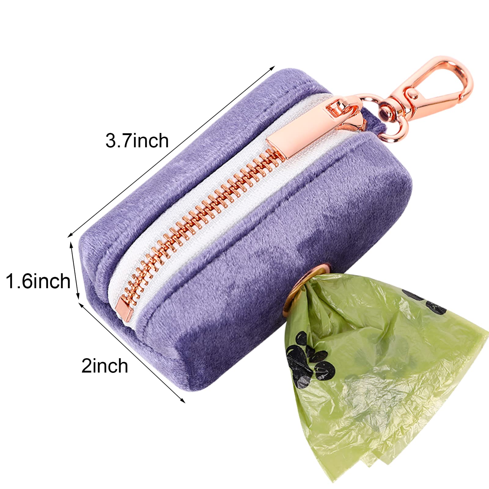 Aring Pet Dog Waste Bag Dispenser, Velvet Doggy Poop Bags Holders Attach To Any Leashes, Purple Portable Washable Pet Waste Pouch Dispenser With Metal Zipper