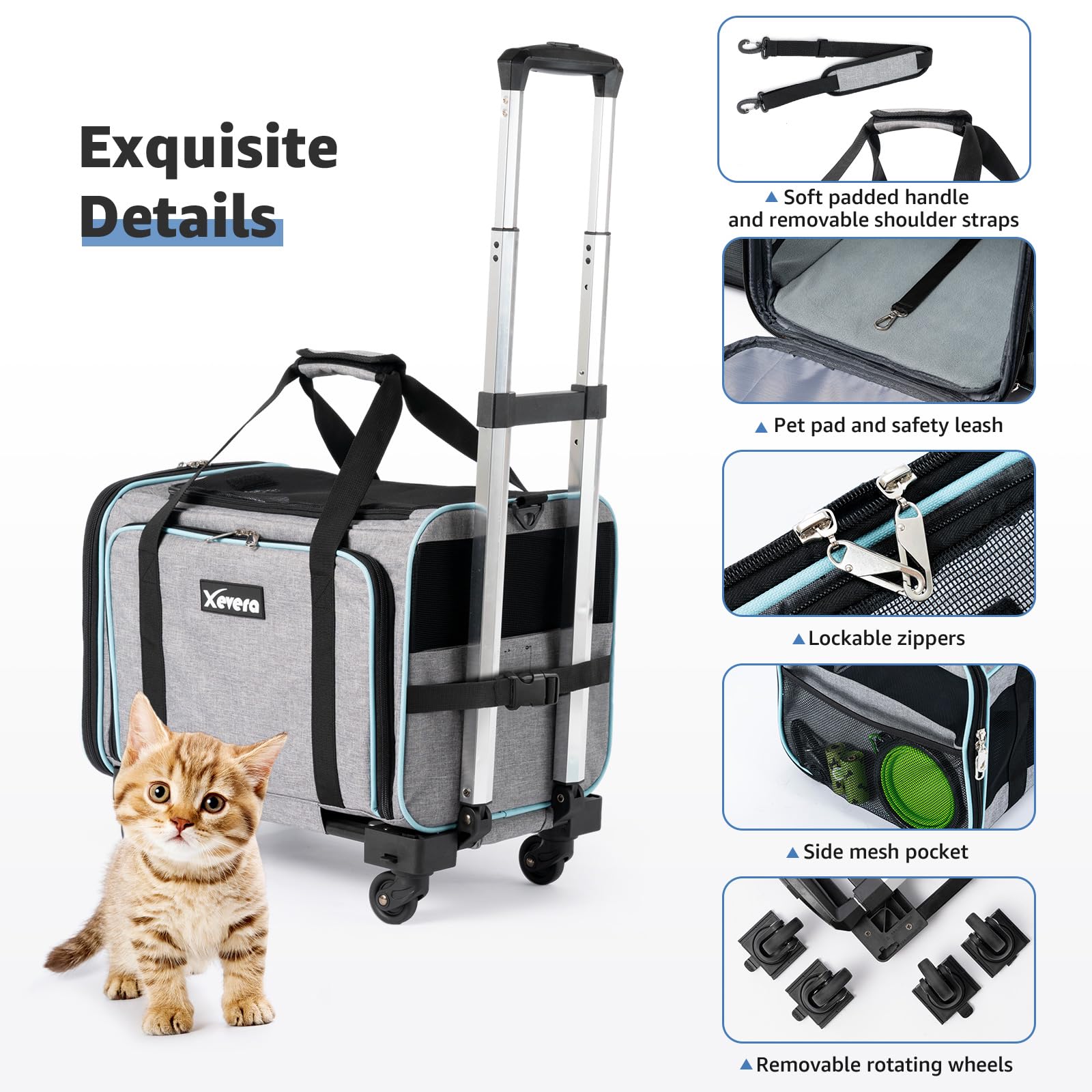 Xevera Cat Dog Carrier With Wheels, Expandable Rolling Soft-Sided Carrier For Small Cats And Dogs Under 25 Lbs, Pet Carrier On W