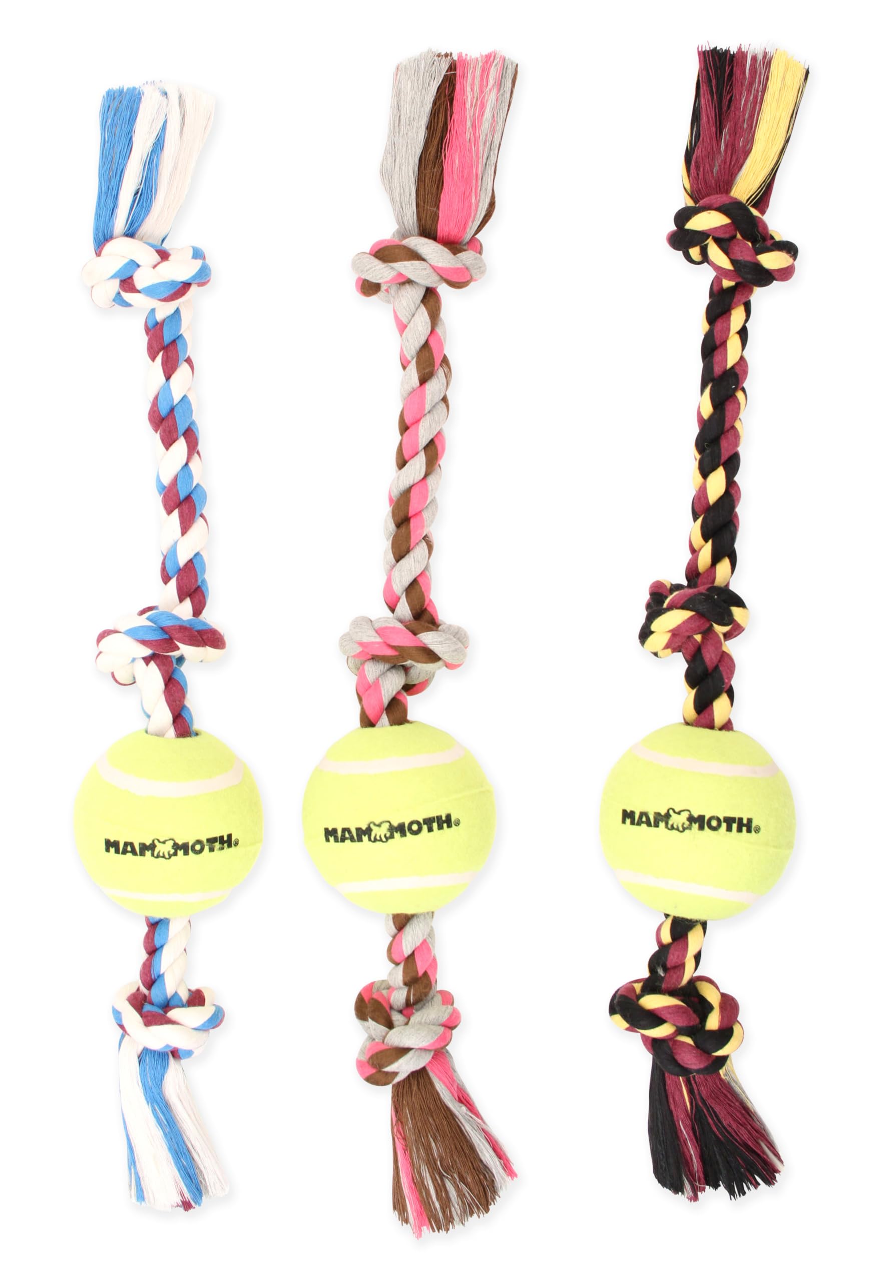 Mammoth Flossy Chews Color 3 Knot Tug W/Large Tennis Ball – Premium Cotton-Poly Tug Toy For Dogs – Interactive Dog Tug Toy – Rope Dog Toy With Tennis Ball For Large Dogs - 24”