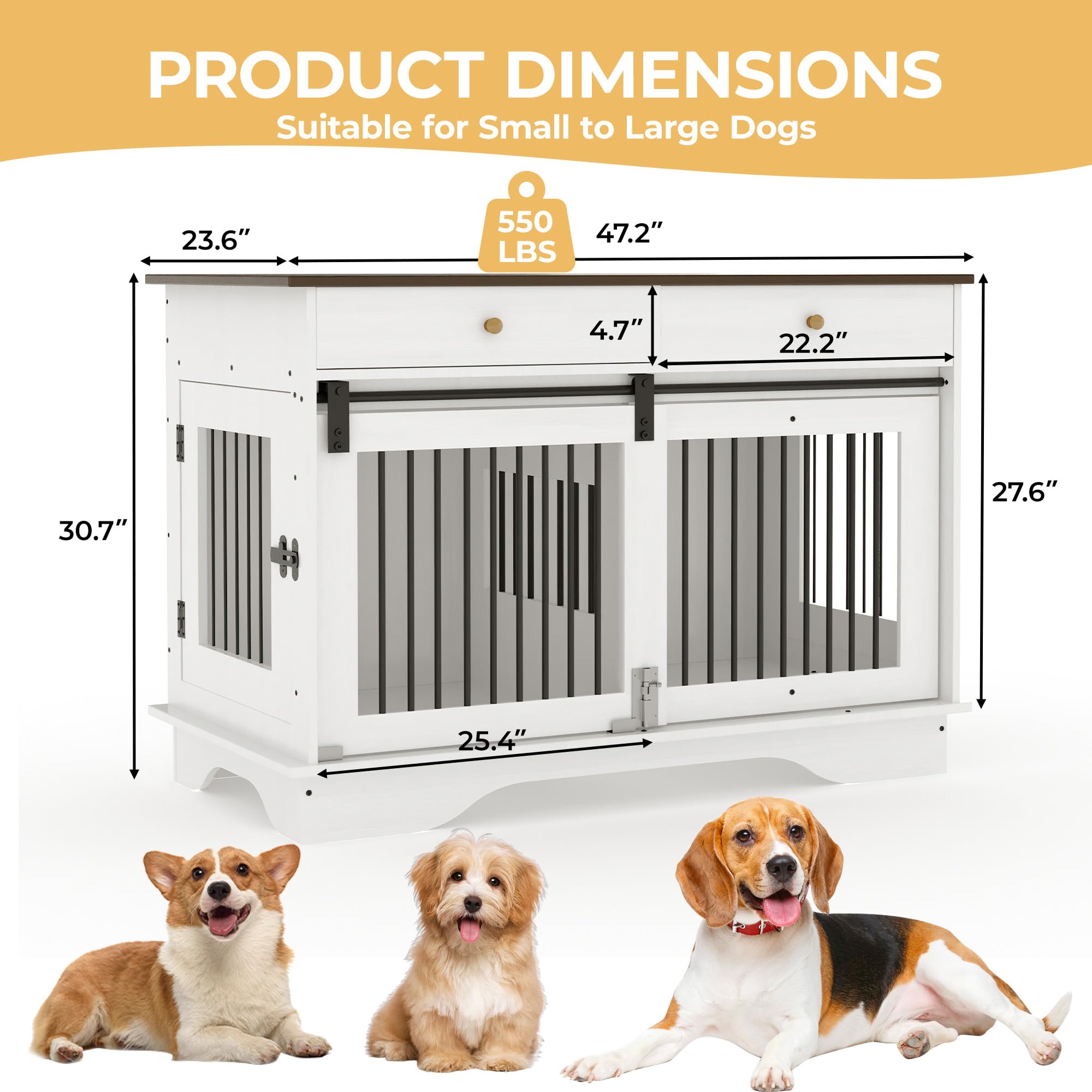 47 Dog Furniture Crate, Large Furniture Style Dog Crate w/ 2 Storage Draws & Removable Divider & Triple Door Design for Large/Me