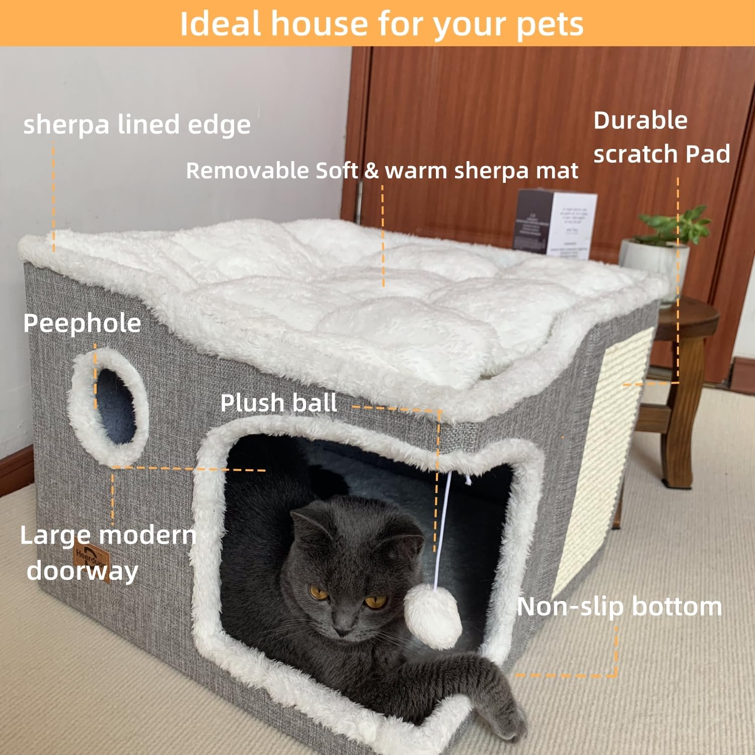 Cat Bed For Indoor Cats,Covered Cat Cave House & Furniture With Scratch Pad,Foldable Cat Hideaway Hut Cute Cat Condo With Soft W