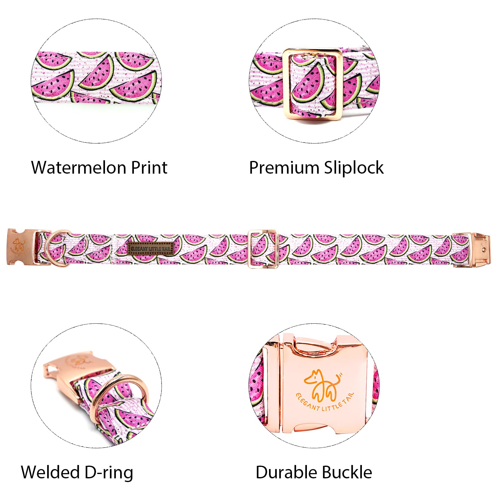 Elegant Little Tail Watermelon Print Summer Dog Collar - Cotton, Durable, Metal Buckle For X-Small Dogs