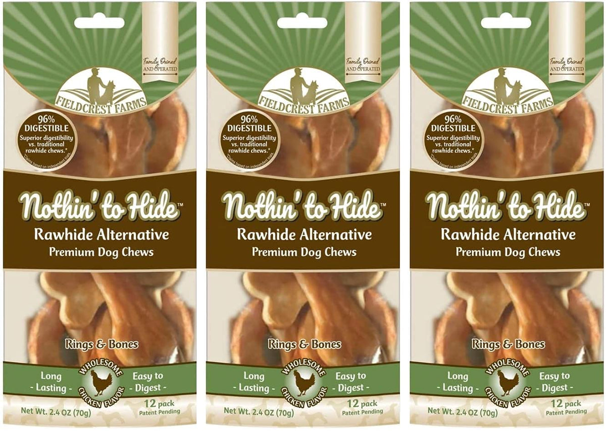 Fieldcrest Farms 3 Pack Of Nothin' To Hide Chicken Rings And Bones, 12 Count Each, Rawhide Alternative Dog Chews