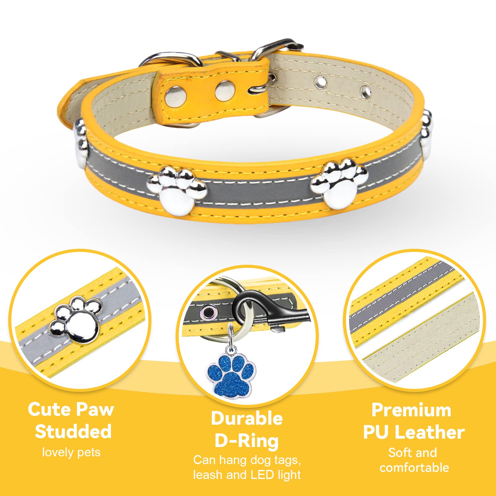 Petcare Reflective Dog Collar With Cute Paw Rivet Studded Funny Soft Pu Leather Adjustable Puppy Dog Collars For Small Medium Large Dogs Cats (Yellow,Large)