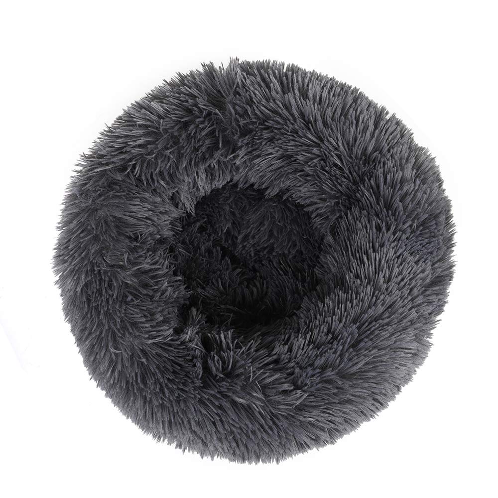 Otoez Round Plush Donut Pet Bed Warm Fur Cuddler Dog Cat Cushion Bed Calming Bed Non-Slip Bottom (19.7', Dark Grey)