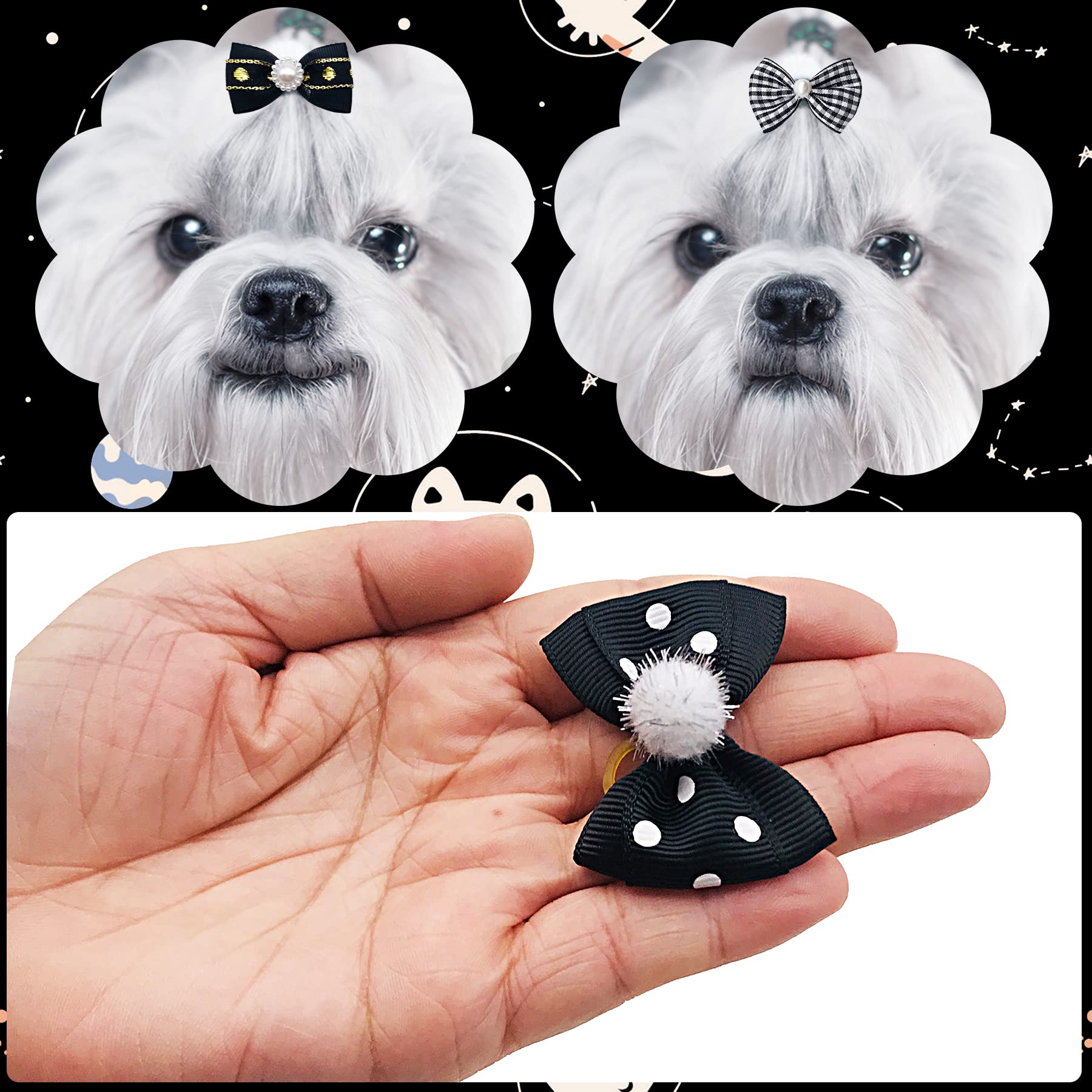 Jpgdn 30Pcs/15Pairs Black Dog Hair Bows With Rubber Bands Puppy Hair Bowknot Top Knot Elastic For Girl Female Doggy Cat Rabbit Poodle Pet Animal Grooming Accessories Attachment