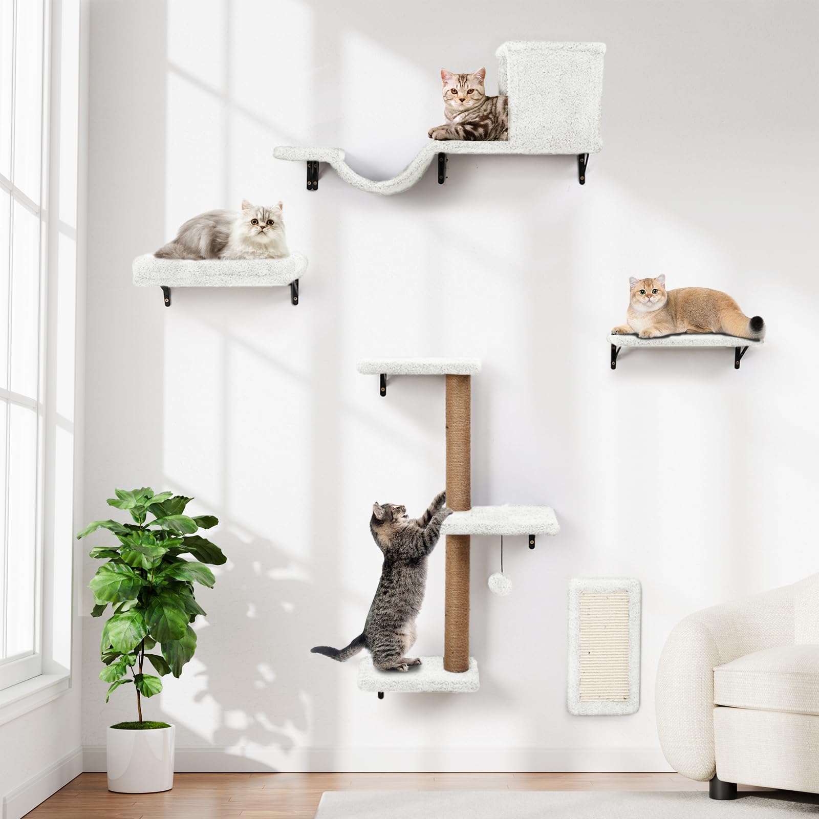 5-in-1 Cat Wall Shelves, Multi-Level Cat Climbing Furniture, Perch & Lounge for Indoor Cats, Space-Saving Wall Mounted Shelves f