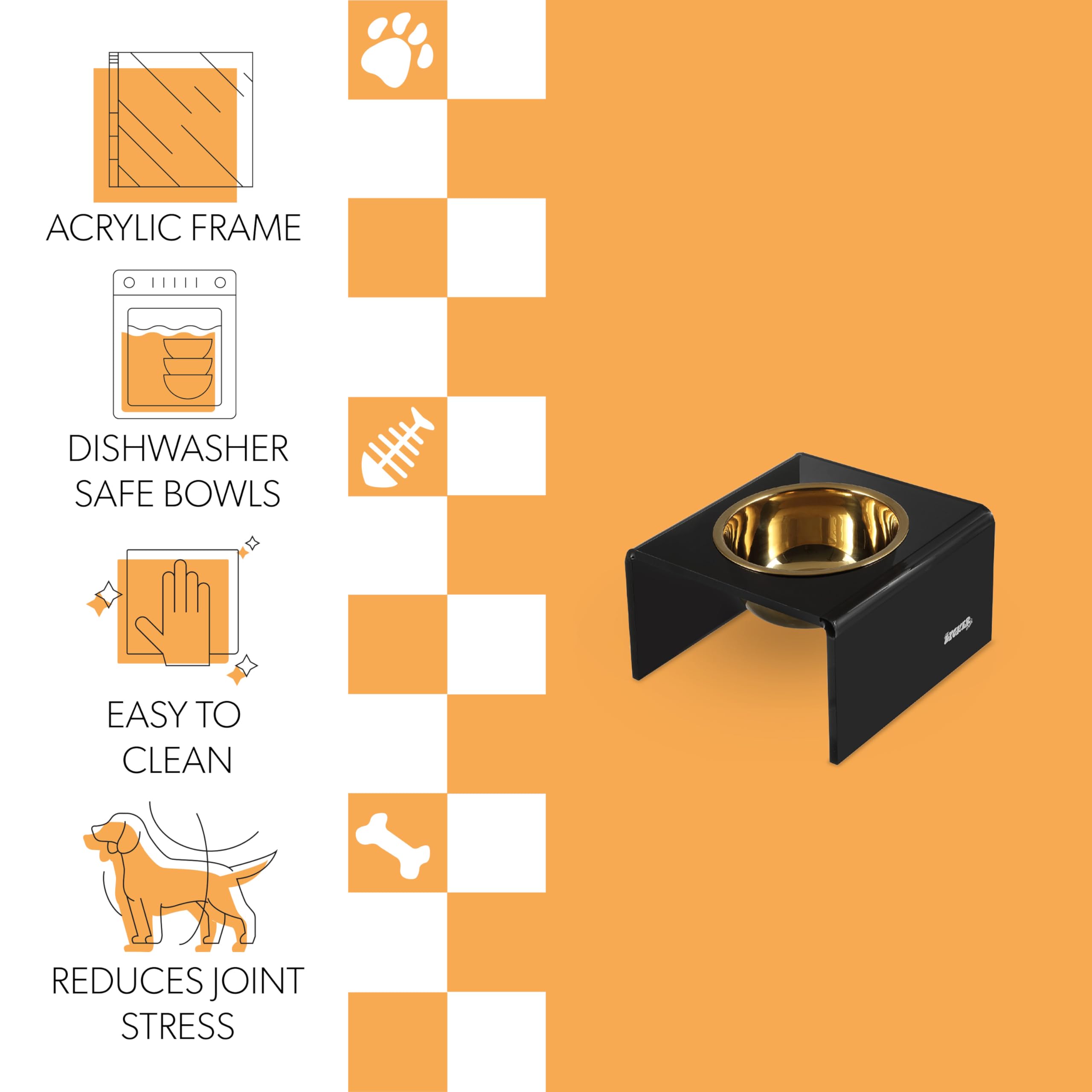 The LICKER Store DBL2002B Keaton 5 Small/Medium Modern Acrylic Rectangular Elevated Pet Feeder with 20oz 1-Stainless Steel Bowl,