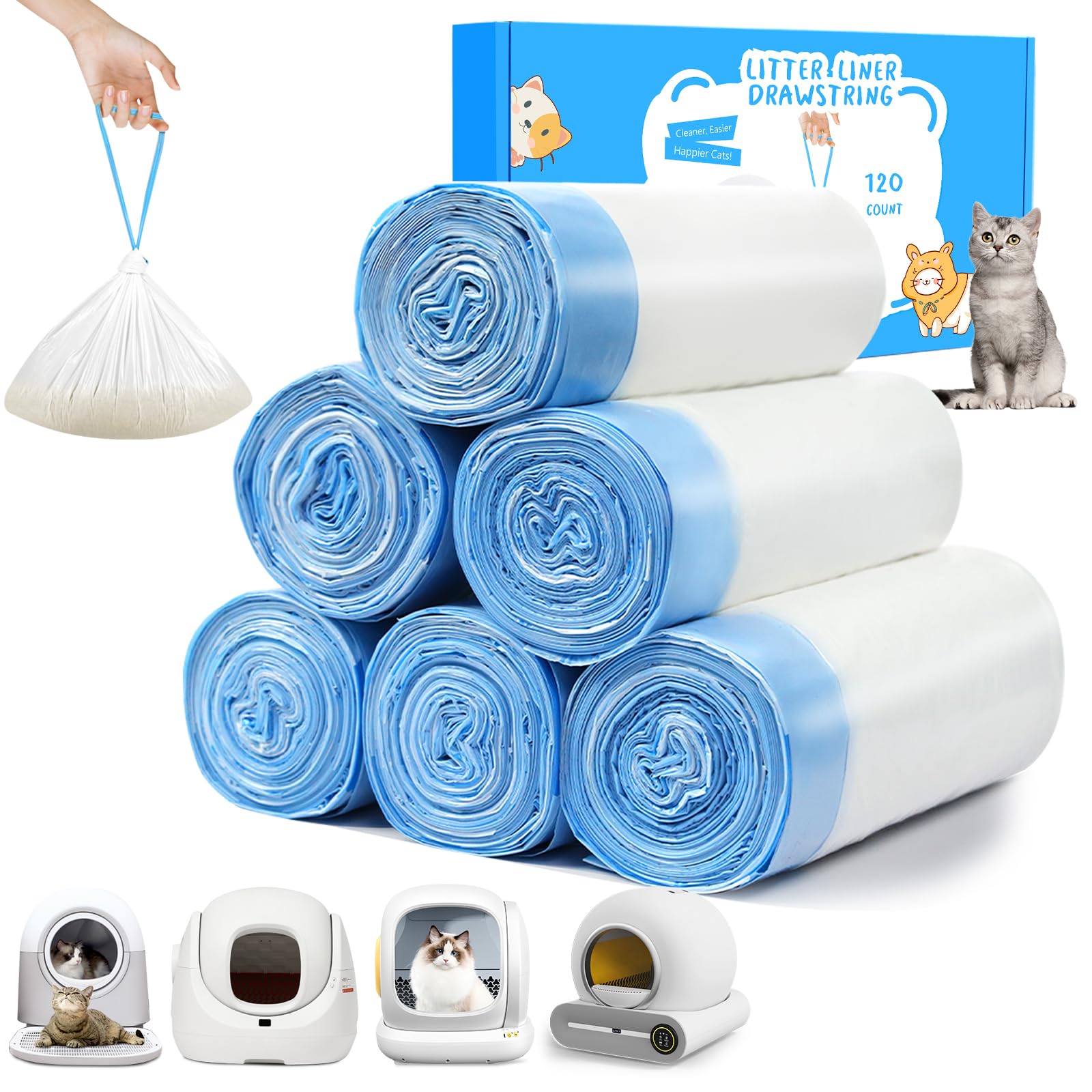 Kitcanis 120 Count Cat Litter Bags For Automatic Litter Box, Extra-Thick Drawstring Bags For Meowant Mw-Sc01 And Mw-Sc02, Self-C