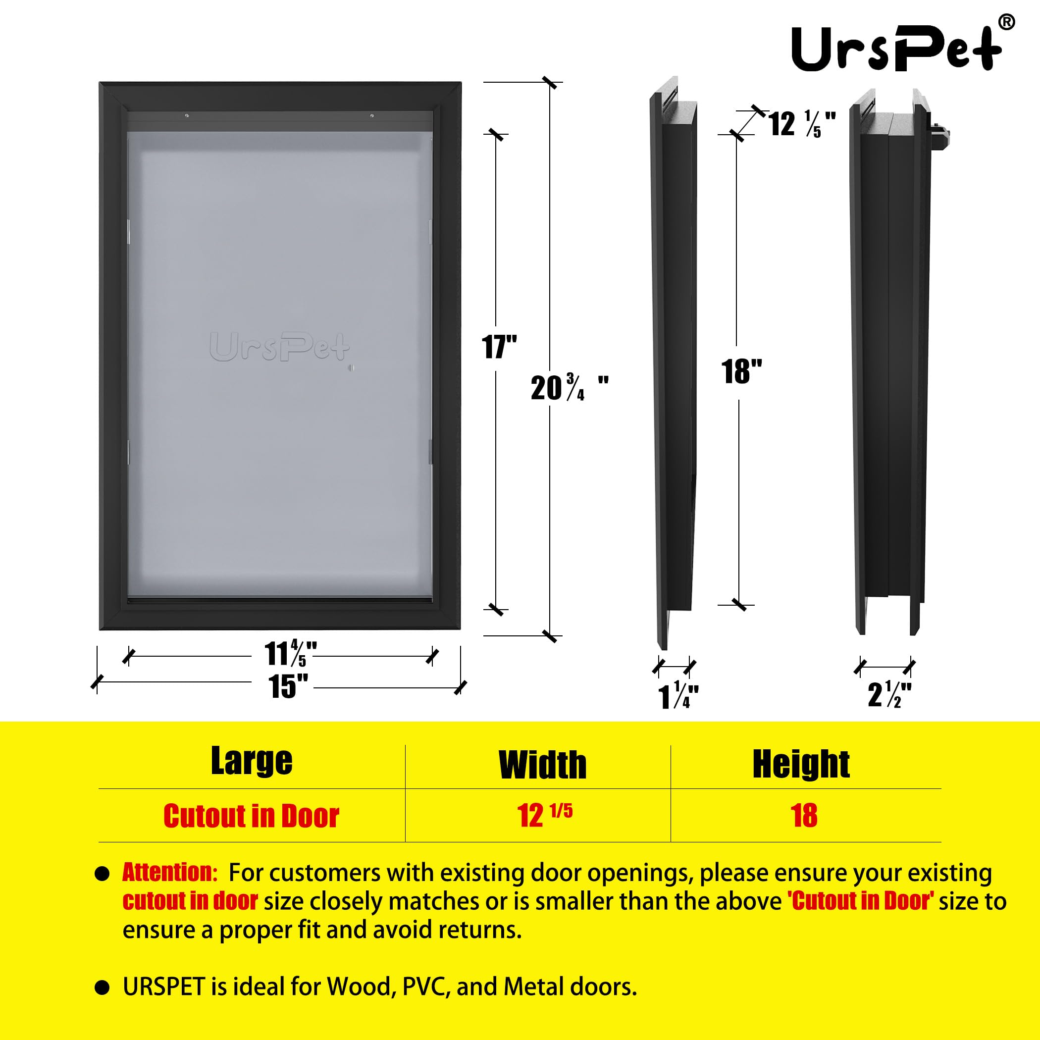 Aluminum Large Dog Door For Exterior Doors, Cutout Size 12.2''W X 18''H, Heavy Duty For Extreme Weather, Energy-Saving, Easy To