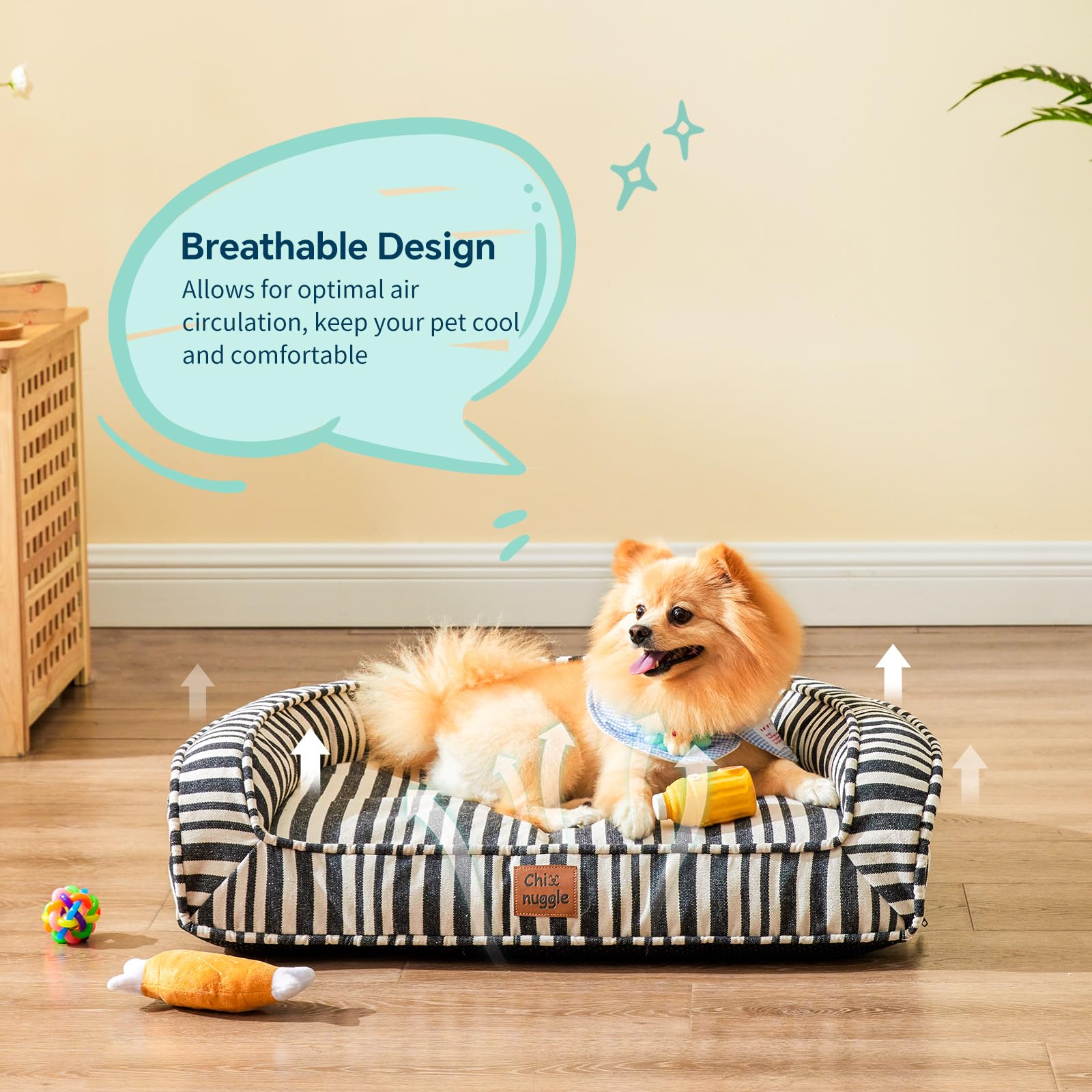 ChiXnuggle Cute Dog Bed for Medium Dogs, Waterproof Canvas Striped Pet Bed with Washable Removable Cover, 28x23x6.5inches (Size