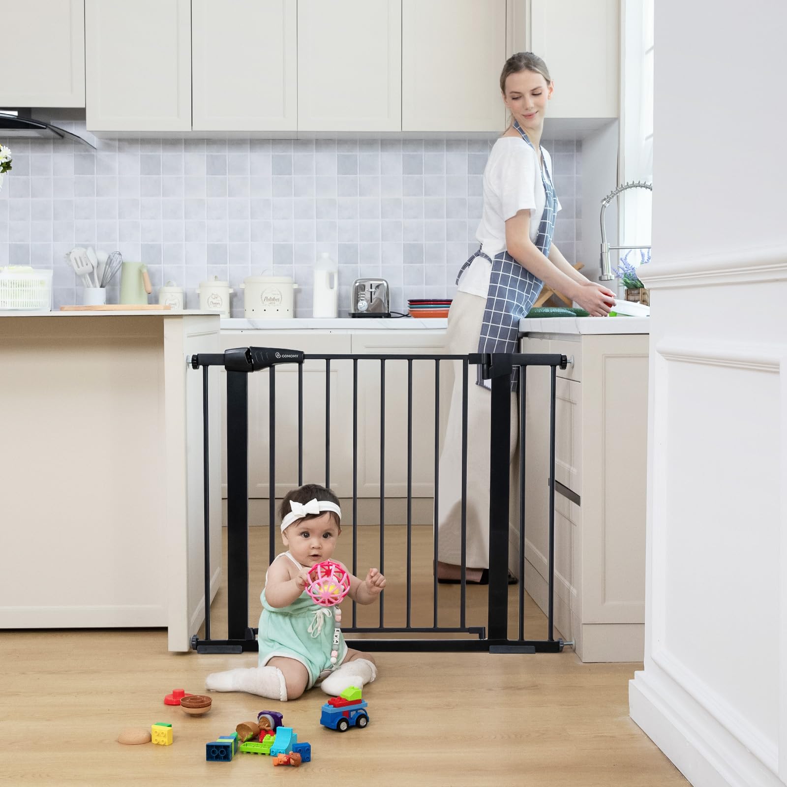 Comomy 30' Tall Baby Gate For Stairs Doorways, Fits Openings 29.5' To 40.5' Wide, Auto Close Extra Wide Dog Gate For House, Pressure Mounted Easy Walk Through Pet Gate With Door, Black