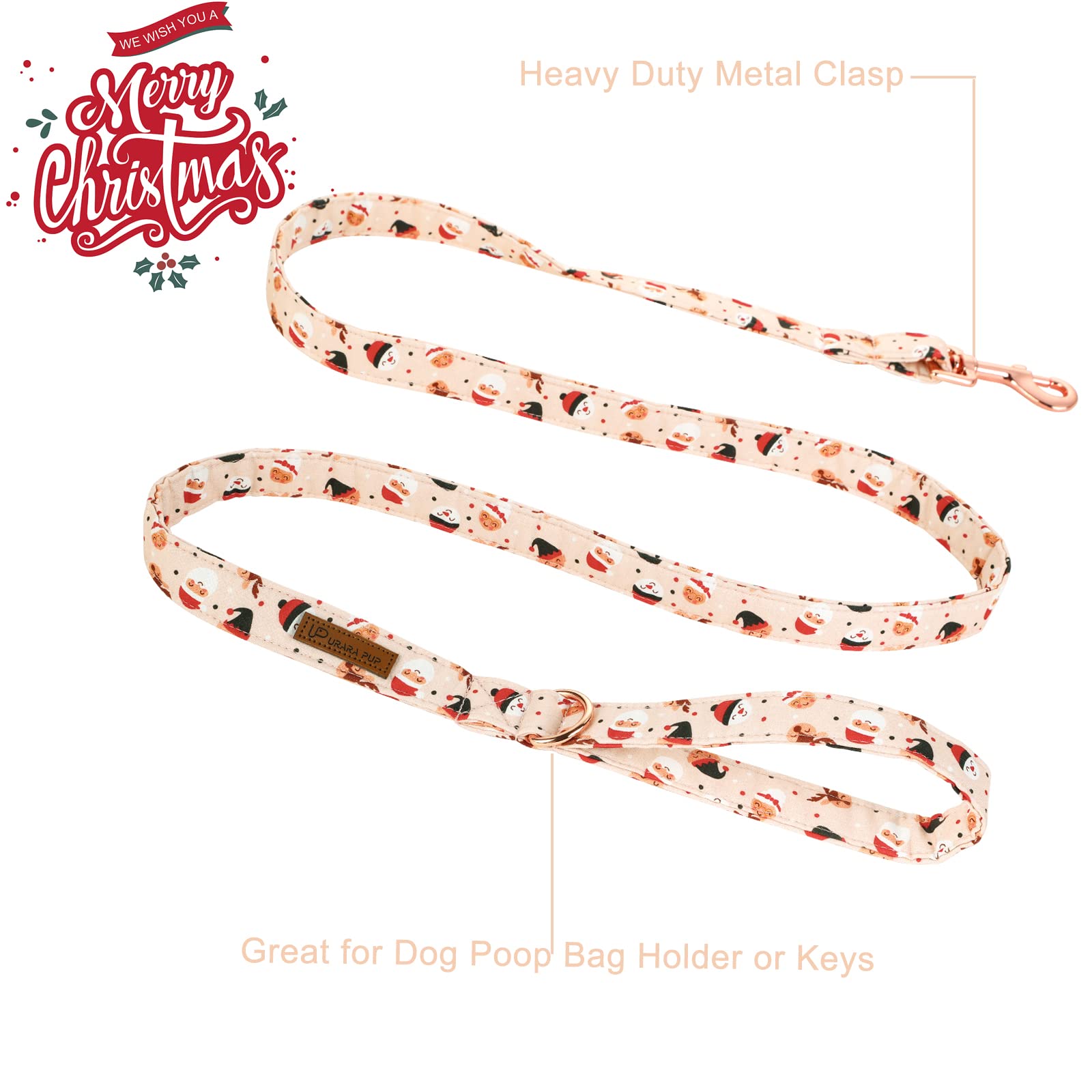 Up Urara Pup Dog Leash & Collar Set, Sturdy Durable Cotton, Santa Pattern For Small To Large Dogs
