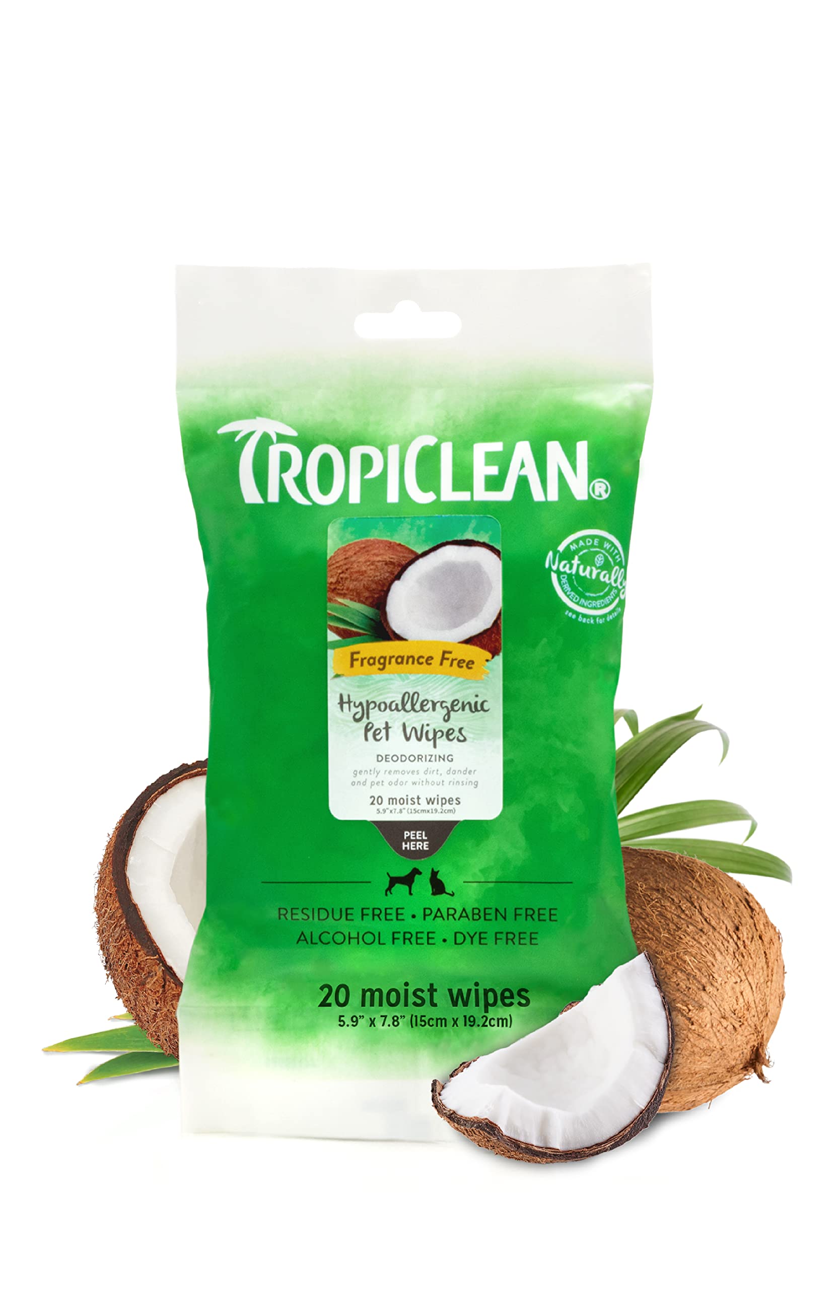 Tropiclean Hypoallergenic Dog Wipes For Paws And Butt | Fragrance Free Dog Grooming Wipes | Safe For The Face | Puppy & Cat Frie