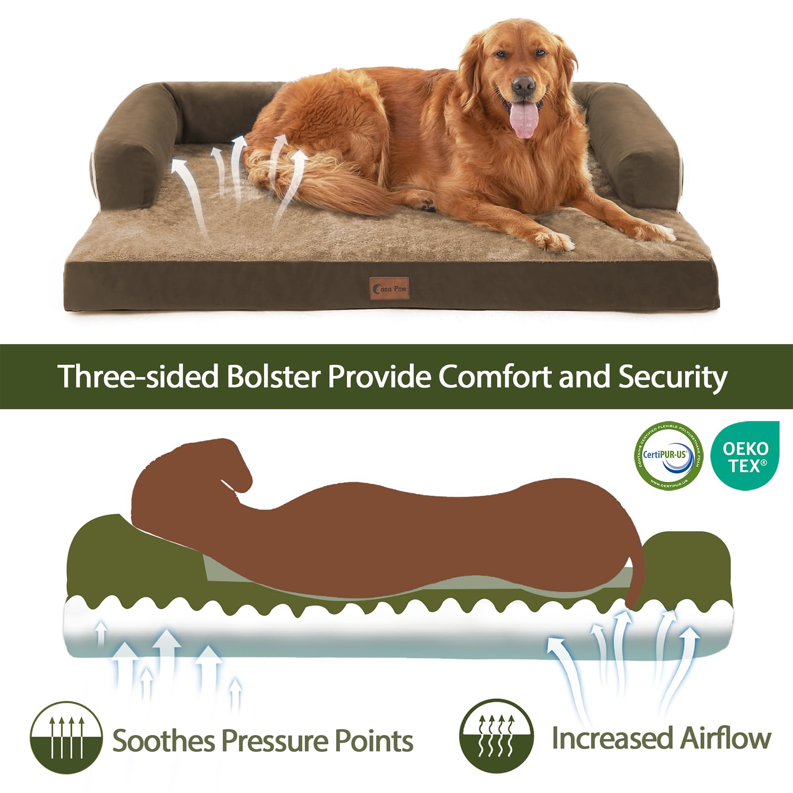 Casa Paw Orthopedic Dog Beds for Large Dogs, Waterproof Dog Beds Large, Memory Foam Dog Couch Bed, Comfy Bolster Pet Bed with Re