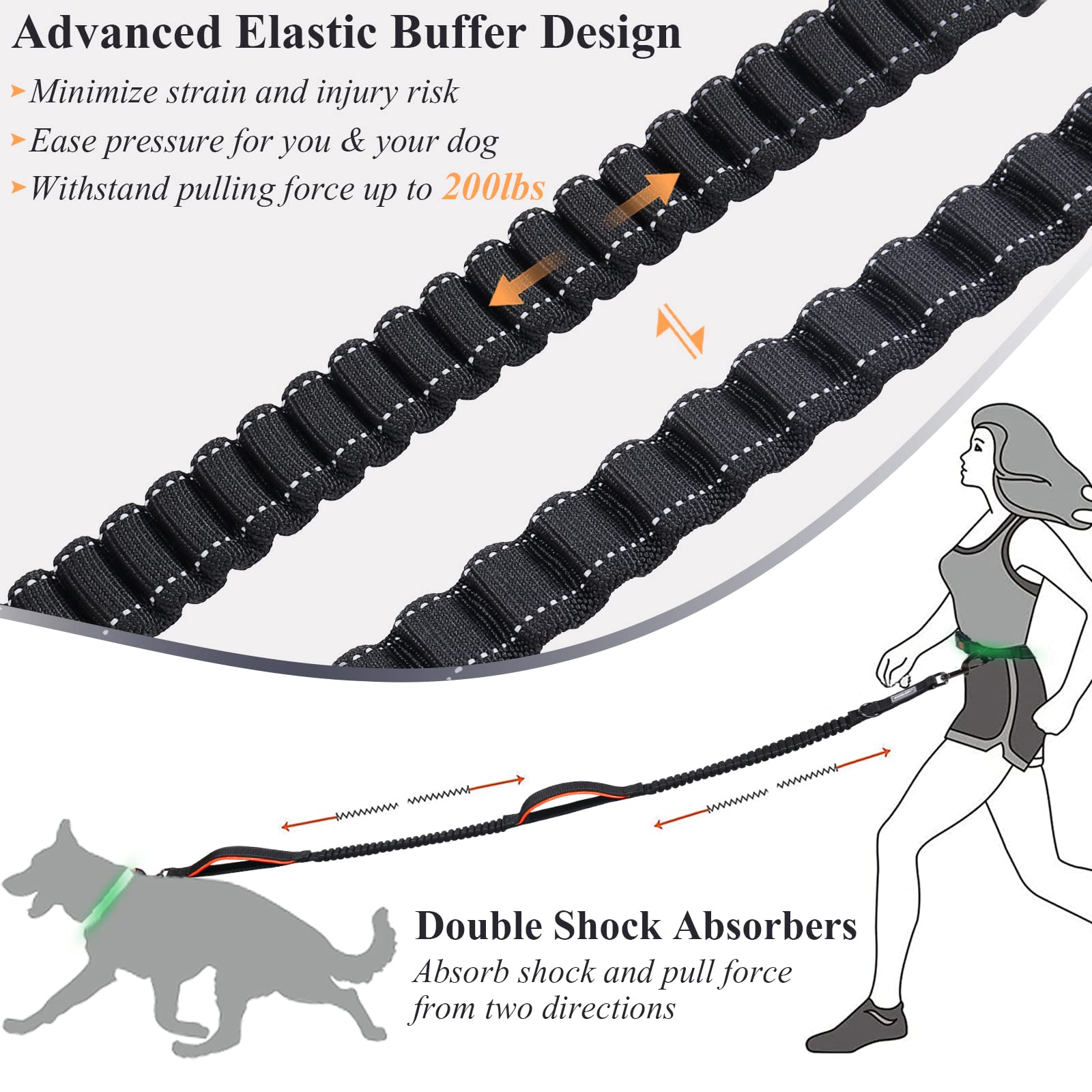 Vivaglory Hands Free Dog Leash With Dual Advanced Anti-Shock Bungees And Padded Handles, Reflective Waist Running Leash With Adjustable Belt For Training Jogging For Medium Large Dogs, Black/Orange
