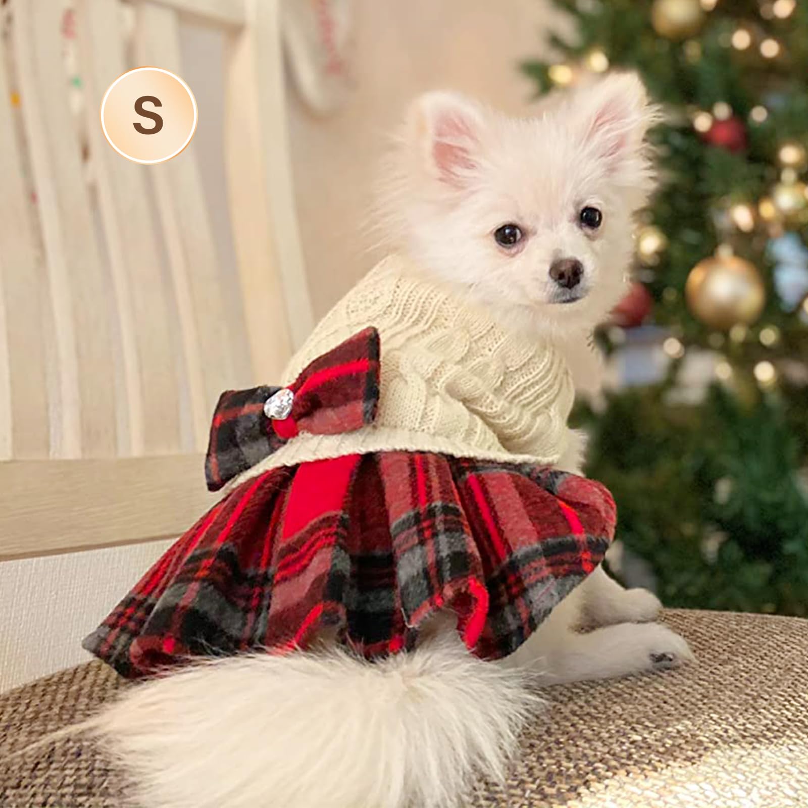 Kyeese Dog Sweater Dress With Bowtie Buffalo Check Red Small Dogs Turtleneck Dog Pullover Knitwear Puppy Sweater Beige