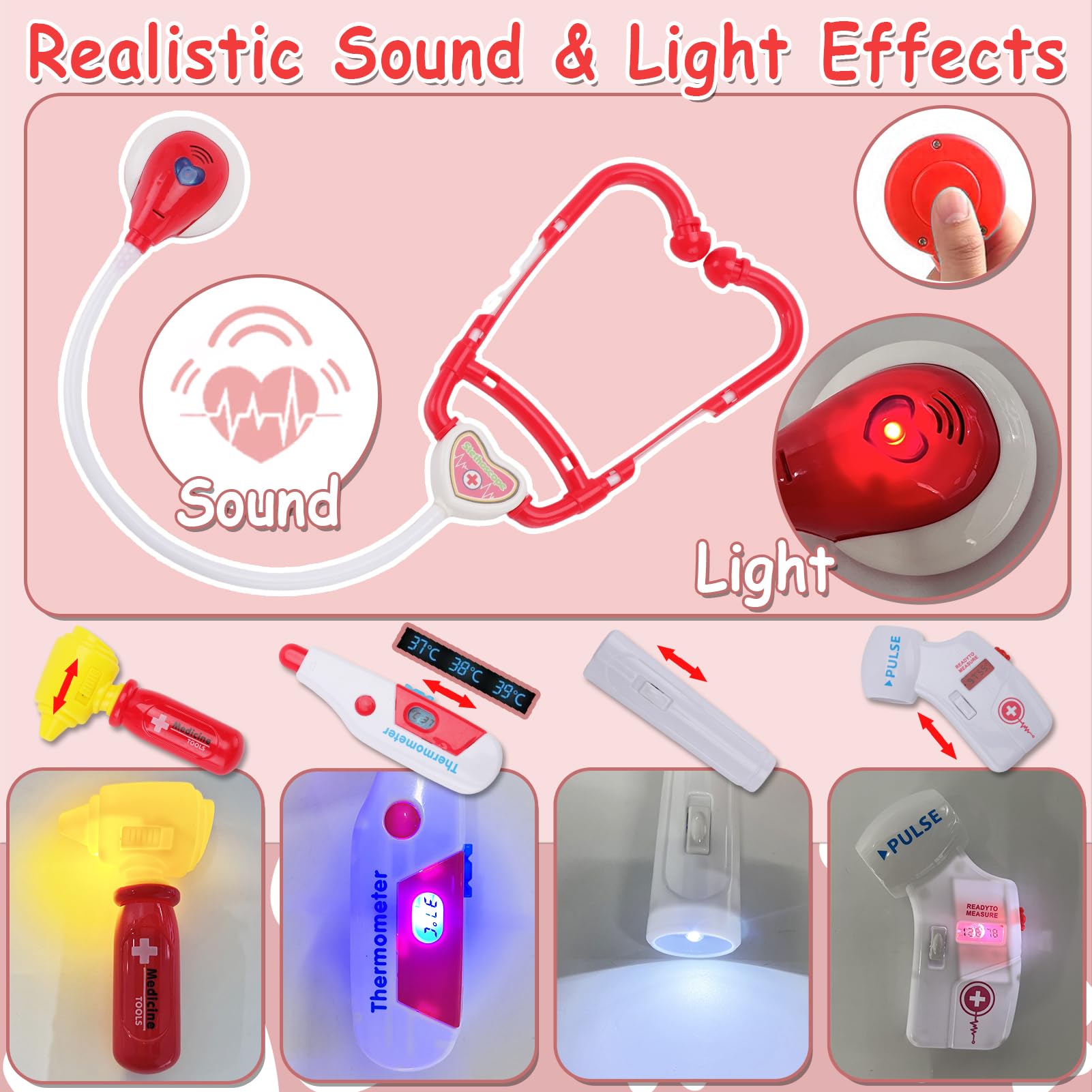 TEUVO Toy Doctor Kit for Girls - Pretend Play Doctor Sets with Dog Toy, Carrying Bag, Stethoscope Toy & Dress Up Costume - Docto